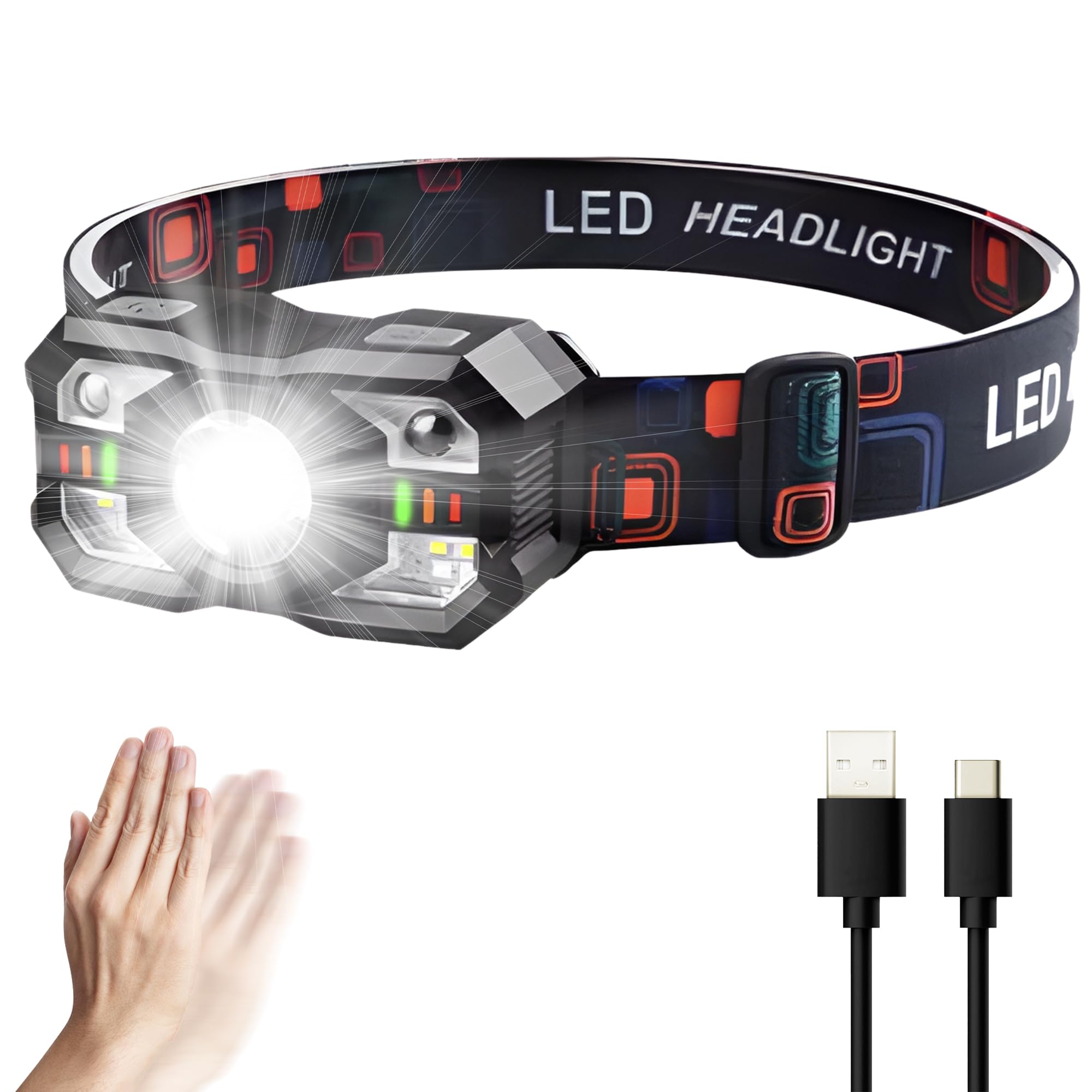 Linterna Frontal LED Recargable Alta Potencia 2000L IPX5 Impermeable 6 Modos Sensor Movimiento