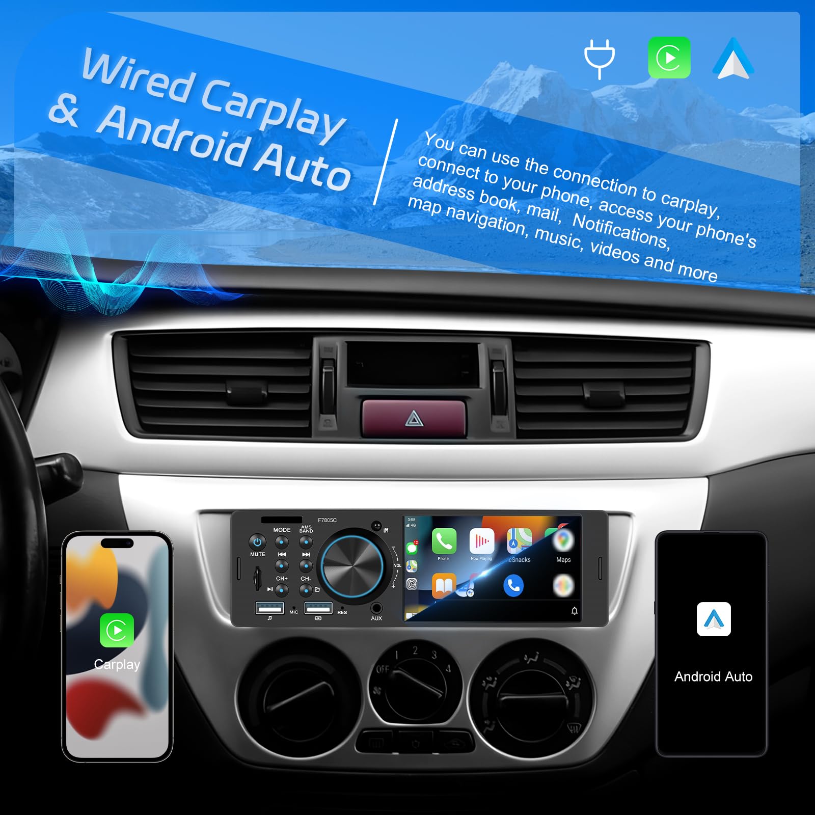 Hikity Radio de Coche 1 DIN Carplay y Android Auto, 4 Pulgadas Pantalla Táctil Estéreo de Coche con Bluetooth, Mirror Link, FM, Cámara Trasera