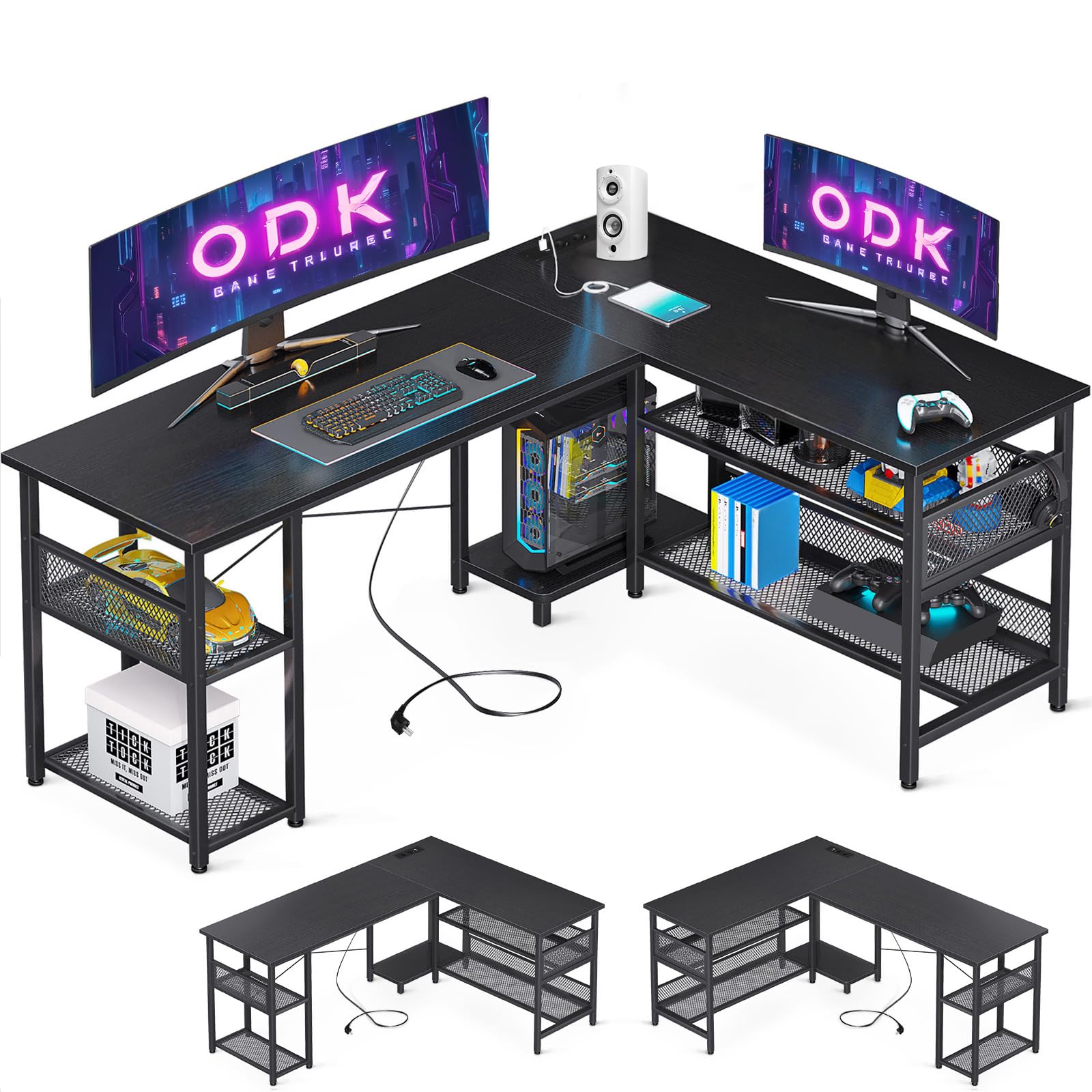 ODK Escritorio Gaming en Forma de L con Diseño Reversible, Escritorio con Gran Almacenamiento, Escritorio Esquinero Negro con 2 Enchufes y 2 Puertos USB, 150×102 cm