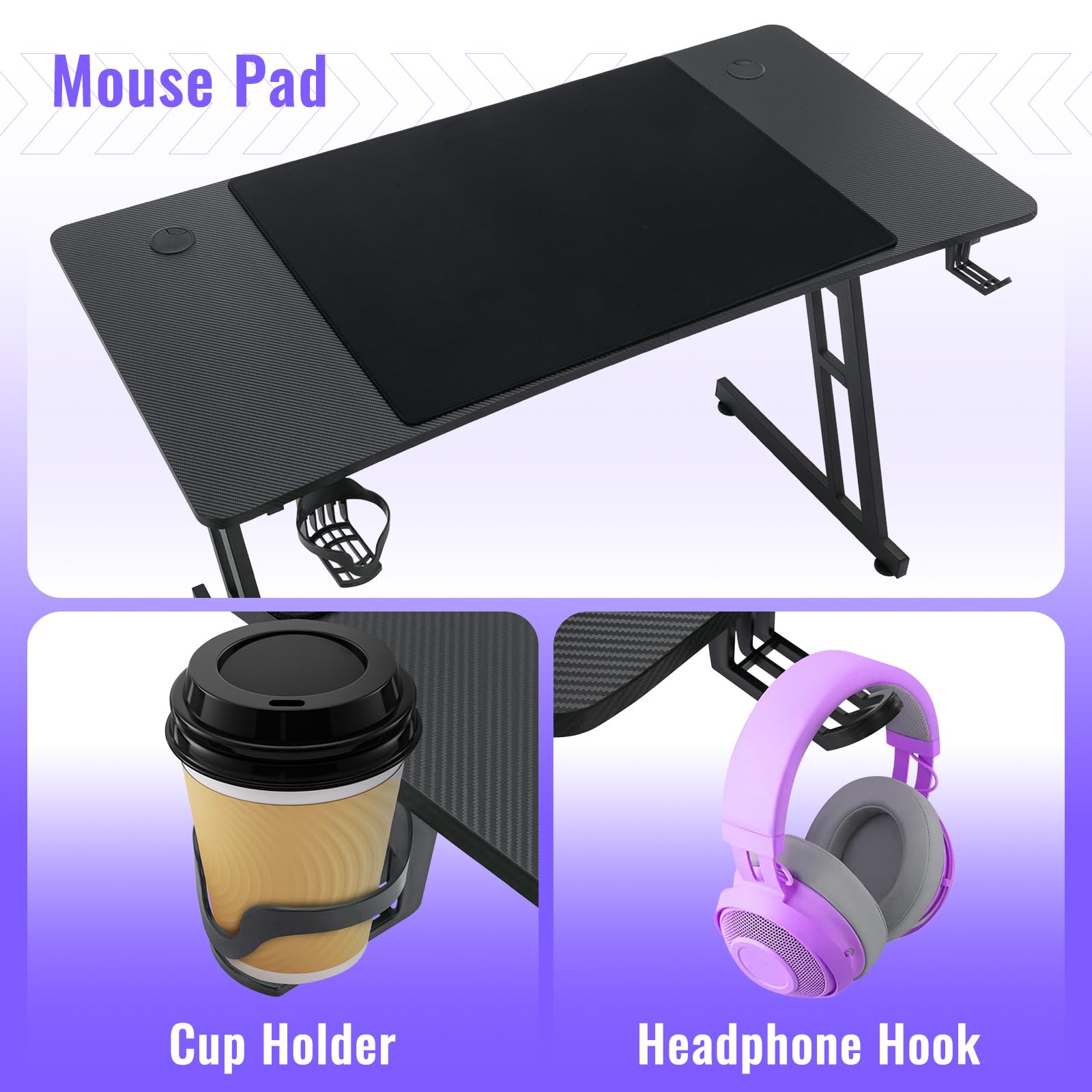 Bureau Gaming 140x60, Table Gaming Informatique Ergonomique, Bureau Gamer en Forme de Z Stable, Table Gamer avec Porte-Gobelet et Crochet pour Casque, Plateau en Fibre de Carbon, Bureau d'ordinateur