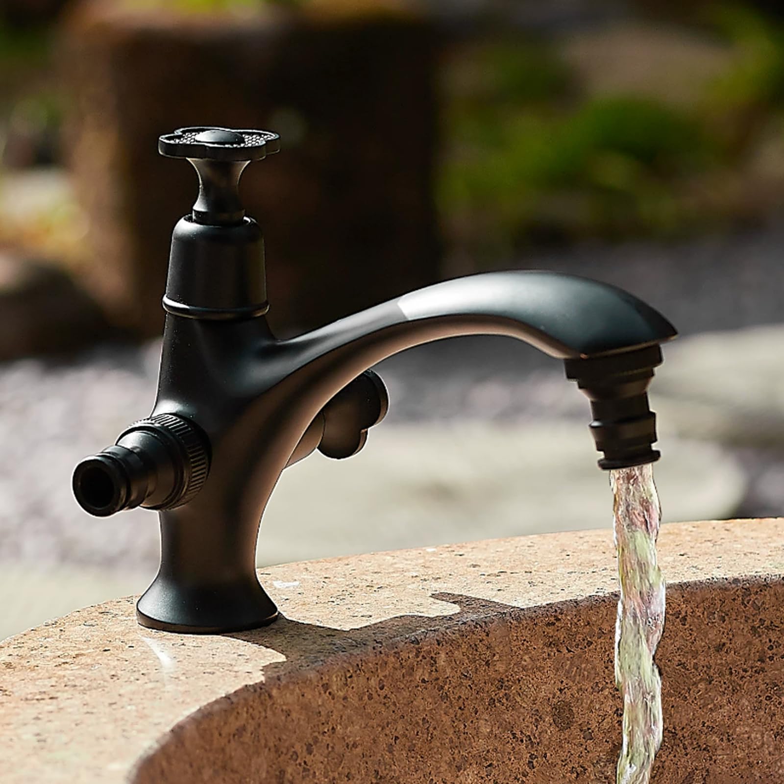Grifo De Jardin Laton Giratorio De 360° Grifo Lavadora Doble Salida Solo Agua Fría Apto para Exterior O Baño,Negro