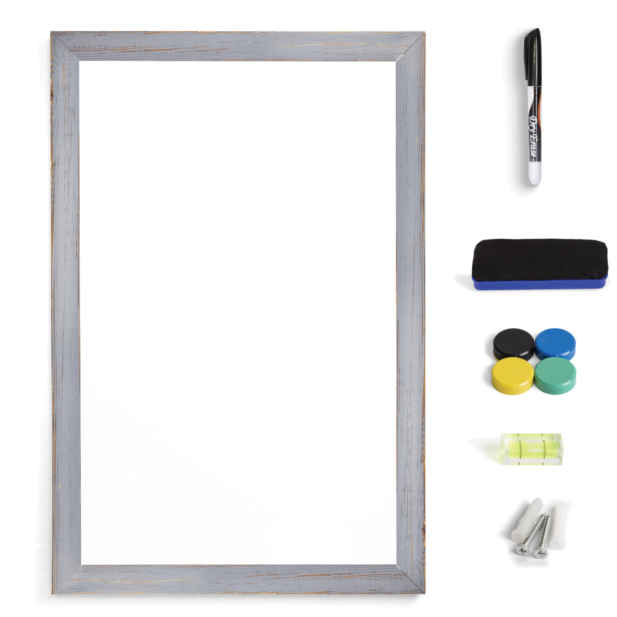 Real Wooden Framed Magnetic Dry Erase Whiteboard, 24" X 36", Vertical/Horizontal Wall Mount, Includes Black Marker, Eraser and 4 Magnets, by Better Office Products (Gray Wash)
