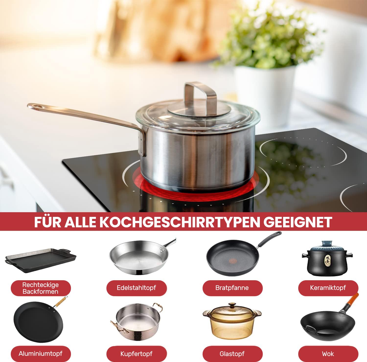 Glaskeramikkochfeld 4 Platten 60 cm 6600W Sensor-touch Control Doppelzone Ovale Zone 9 Leistungsstufe Kindersicherung Timer Einbau