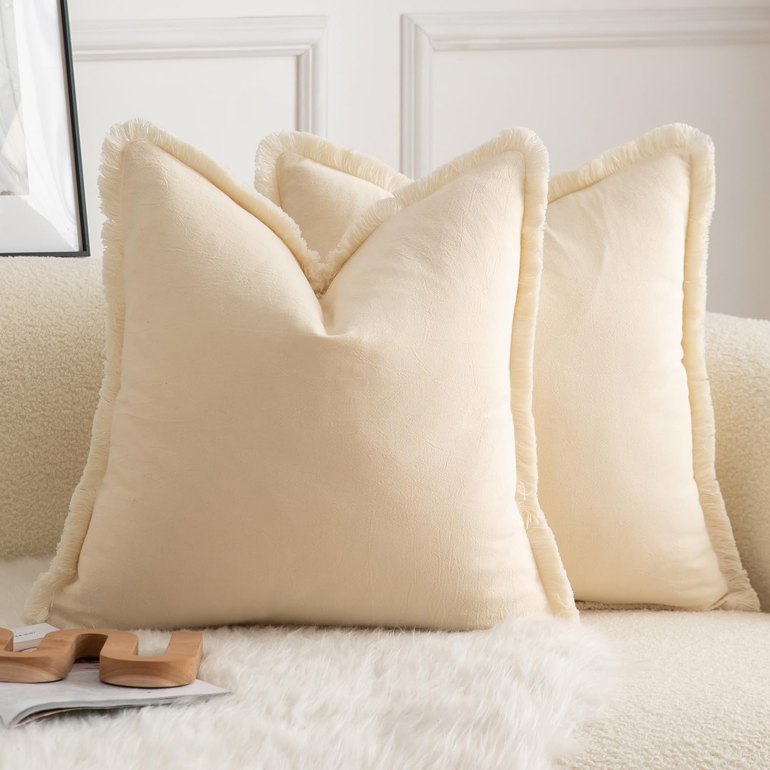 MANDIOO Set of 2 Neutral Cotton Fringe Throw Pillow Covers Decorative Boho Farmhouse Cushion Covers Cozy Tassels Pillowcase for Couch Sofa Bedroom