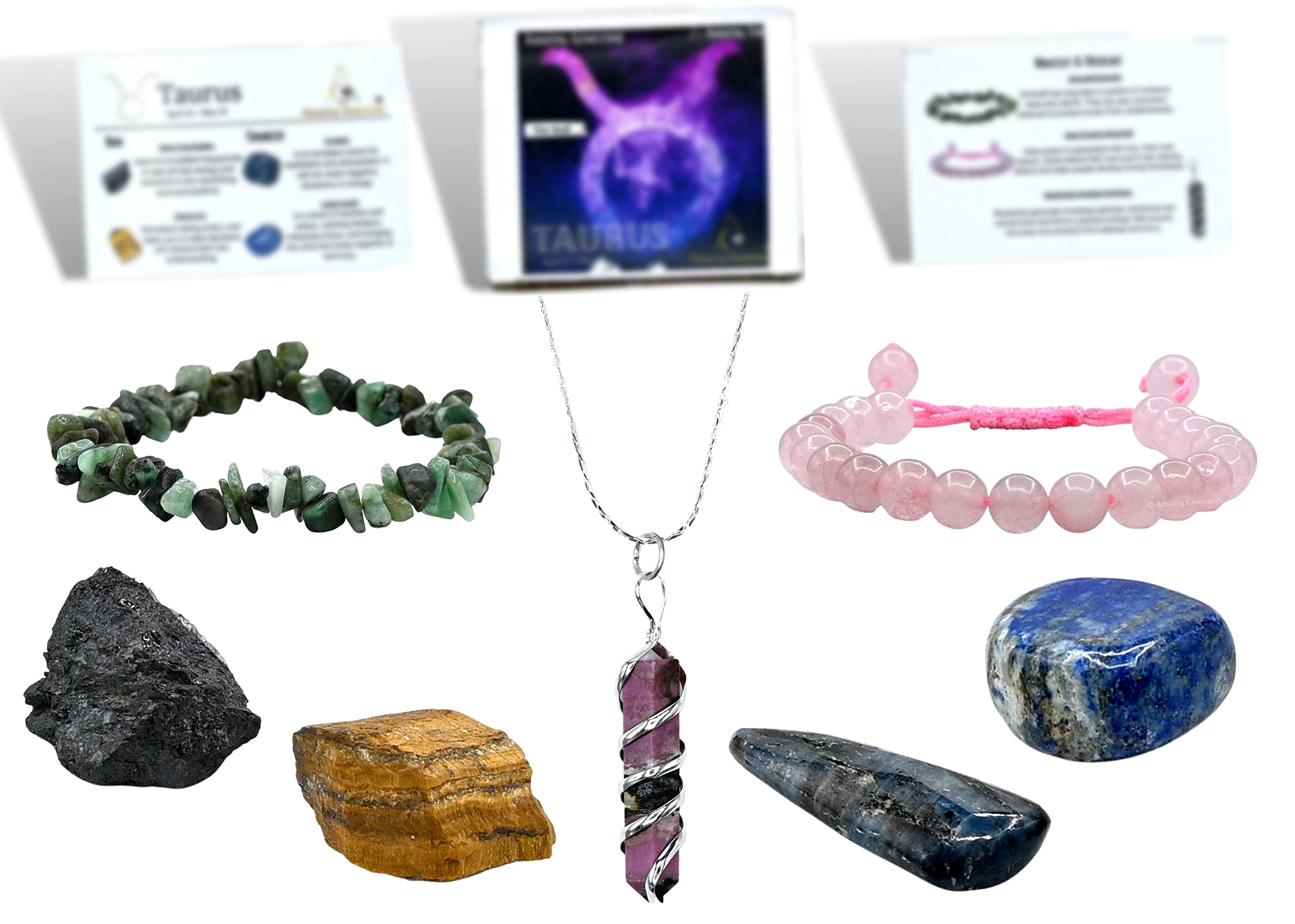 Taurus Gifts Zodiac Crystal Kit for Women Men, Combo Set of Healing Stones, Bracelets and Necklaces (Information Card Included)