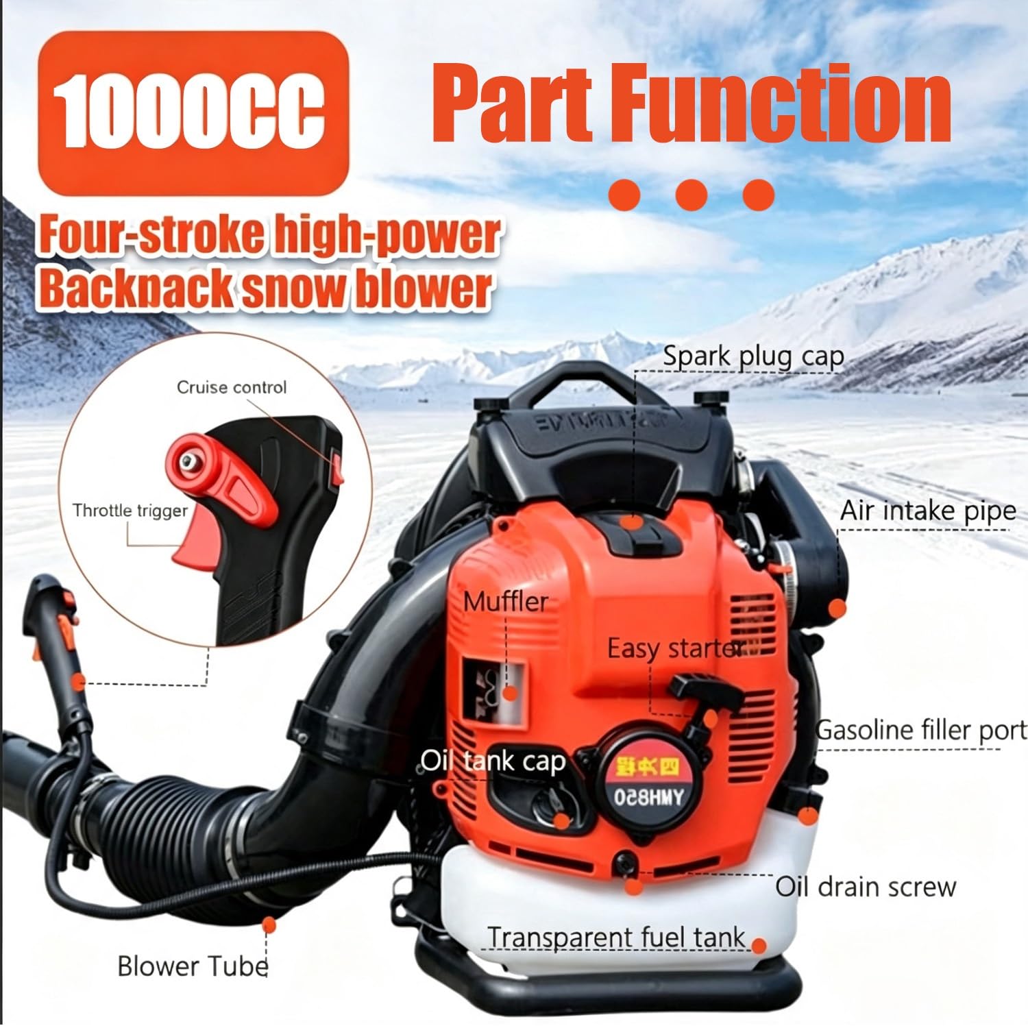Soffiatore A Benzina 4 Tempi 1000cc A Zaino, Serbatoio Grande 2.0L, Silenzioso E Potente Soffiatore Foglie E Neve, Per Giardino, Viale, Pulizia Professionale Multi-Superficie(Blue)