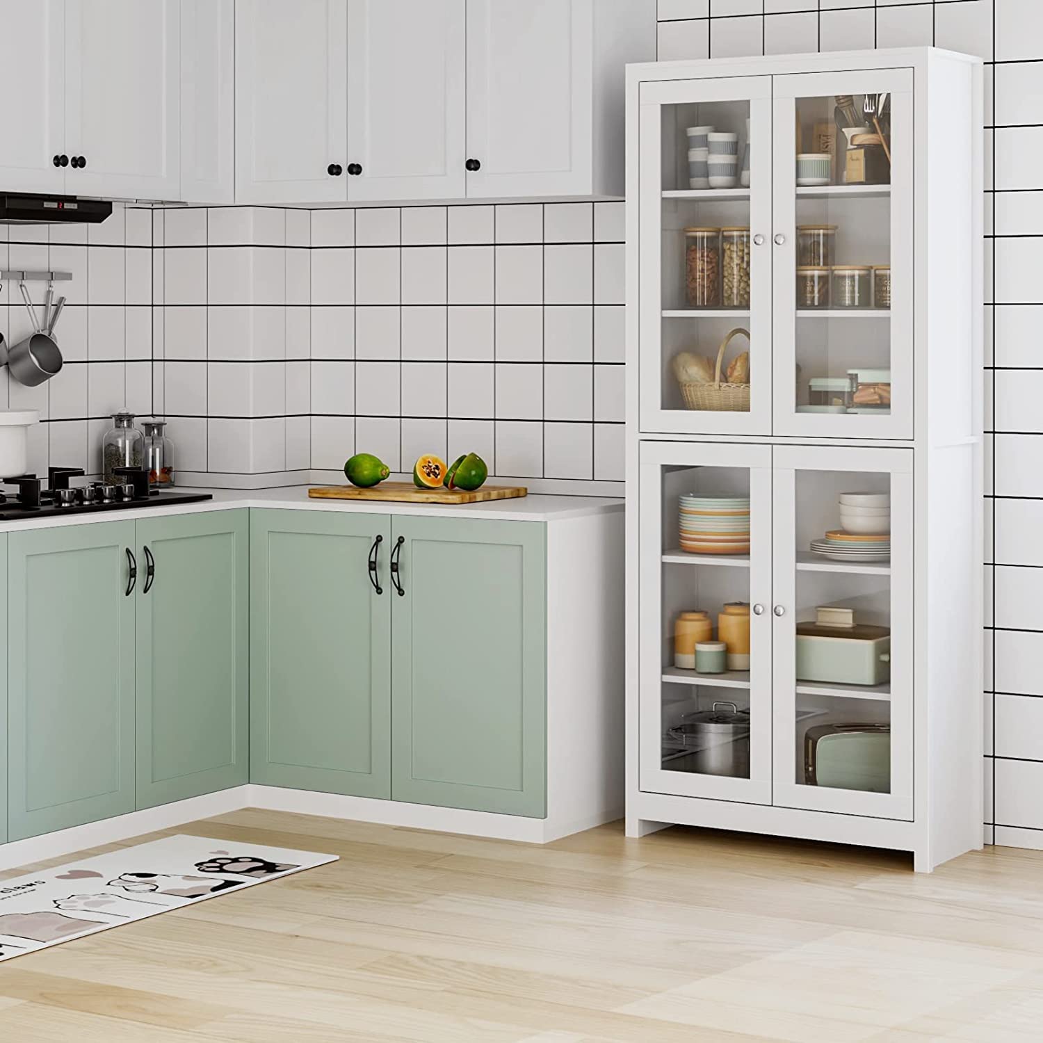 FOREHILL 190cm Vitrina de Cristal, Vitrina Salón, Mueble de Salón, Aparador Comedor, Aparador Cocina, Estantería Oficina, con 6 Estantes 4 Puertas, Madera y Cristal, Blanco, 80x33x190cm