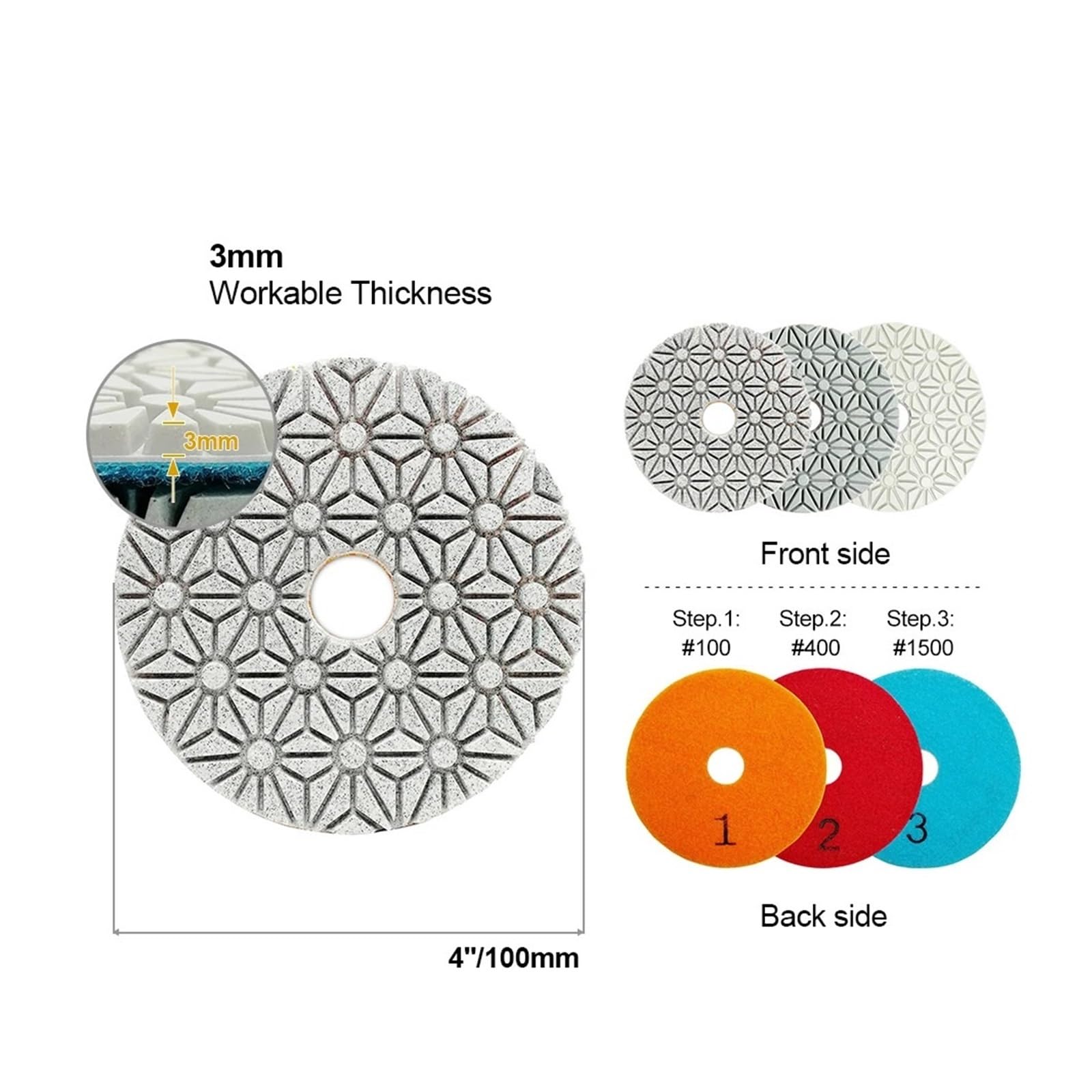 Disco de lijado de unión de resina de diamante de 3 pasos de diámetro 100mm/4 ", almohadilla de pulido Flexible húmeda o seca, pulidor de piedra suave de mármol(2 sets)