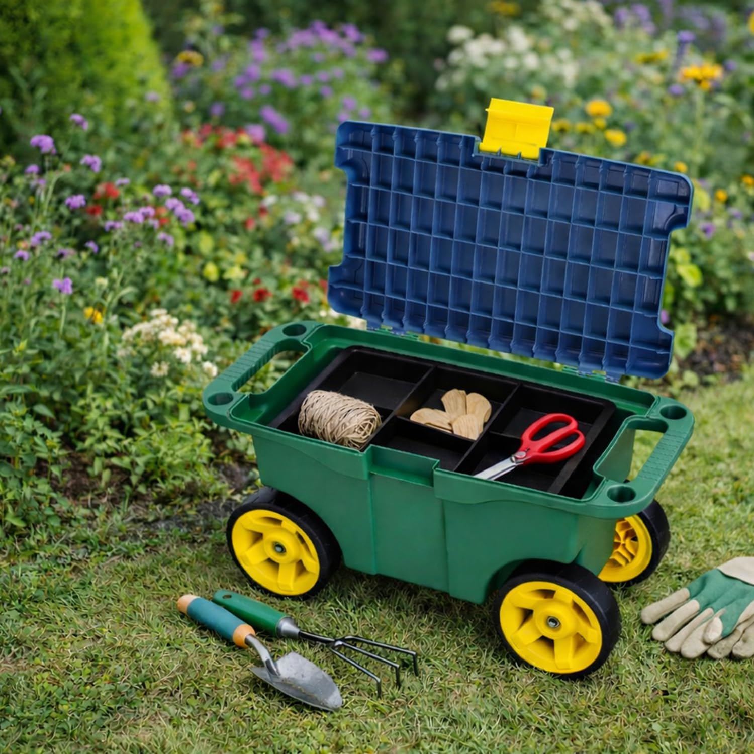 HMF Carrello da giardino 2 in 1 con seduta e vano portaoggetti, sgabello da giardino con ruote grandi, sedile girevole per giardinaggio fino a 100 kg, 55 x 26,5 x 29,5 cm, verde