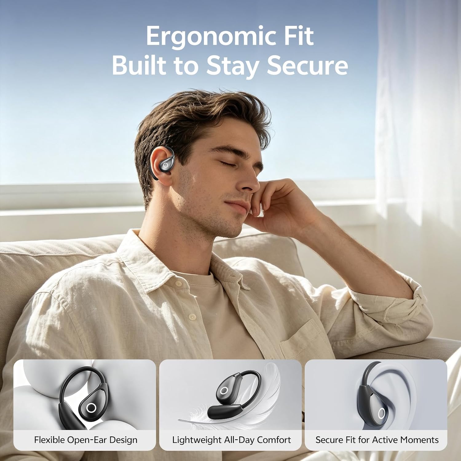 Open Ear Earbuds with LED Display Charging Case, 30H Playtime Wireless Earbuds, IPX4 Waterproof Clip-On Headphones, Secure Fit for Small Ears, Sports Earbuds for Workout Running Gym,Black