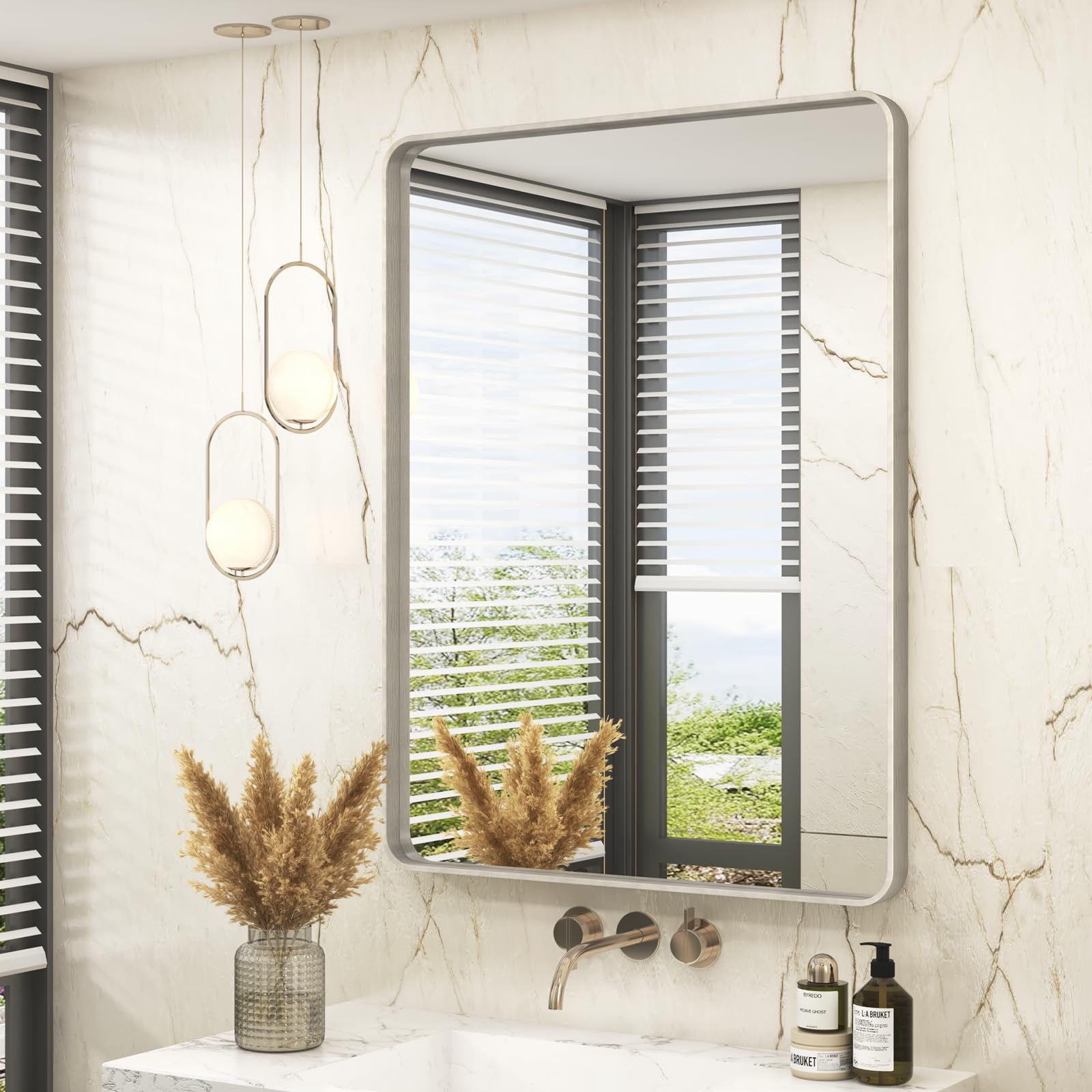 VANLIO 28x36 Inch Brushed Nickel Bathroom Mirror, Rounded Rectangle