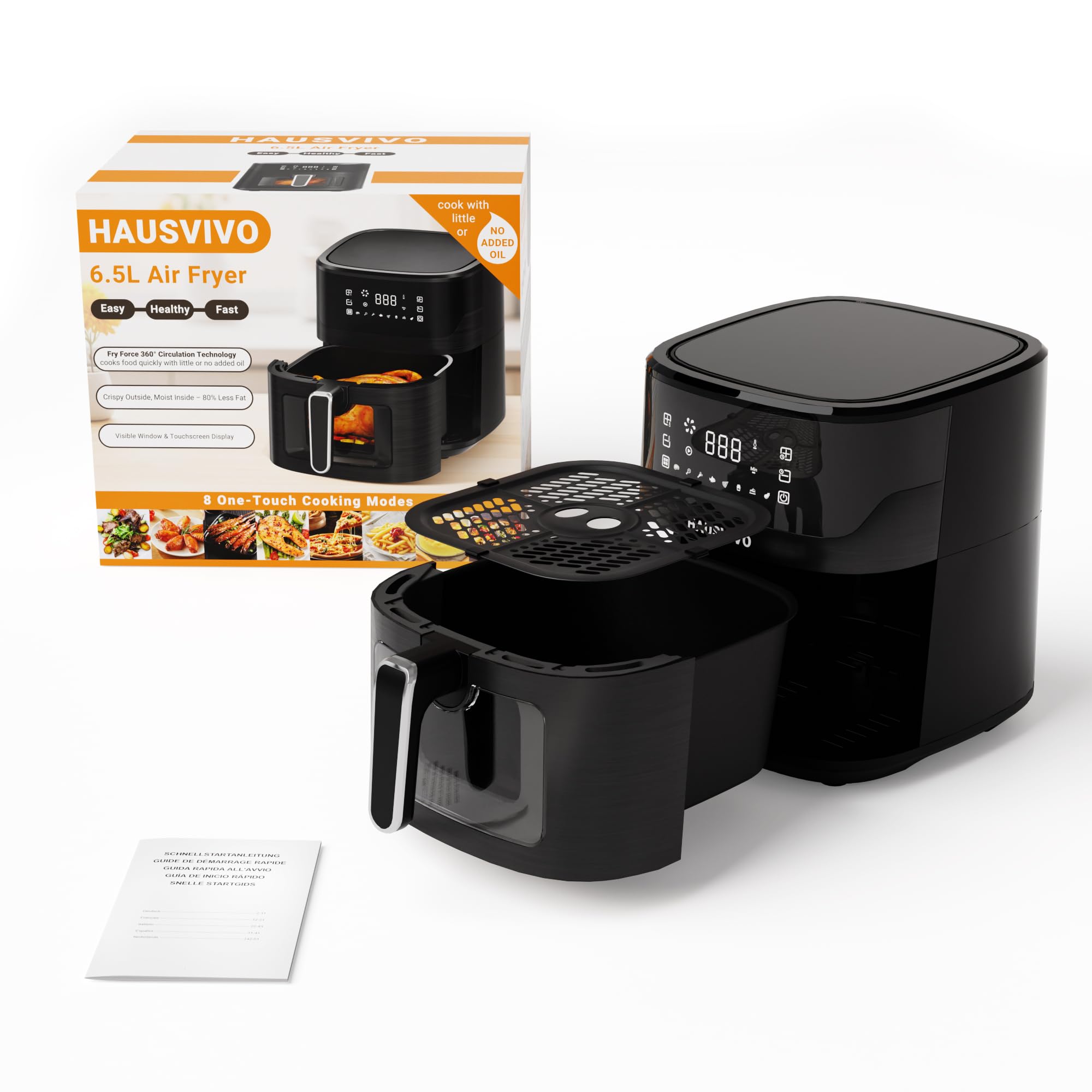 Freidora de Aire 6,5L sin Aceite | 1600W Airfryer con Ventana Visible | 8 Programas, Pantalla Táctil, Temporizador, Cesta Antiadherente, Apta para Lavavajillas