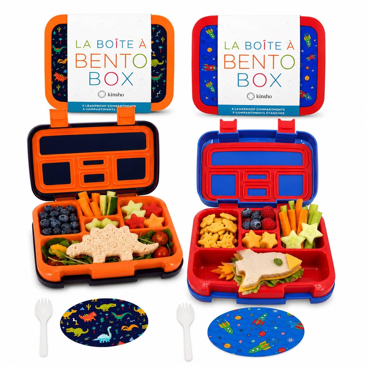 kinsho Bento Lunch Box Container for Kids Boys, 2 Pack (Dinosaur + Rocket)