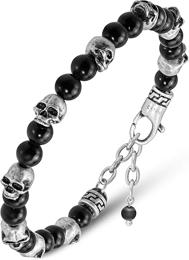 RTZN® Black Obsidian Bracelet for Men – Premium Artisan Handcrafted Authentic Mens Black Obsidian Jewelry Beaded Bracelets – Adjustable Length Skull & Evil Eye Bracelet for Women or Men