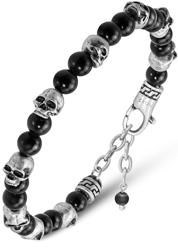RTZN® Skull Bracelets for Men – Premium Artisan Handcrafted Black Obsidian Bracelet – 6MM Beaded Adjustable Skull Bracelet for Women and Mens Memento Mori Bracelet