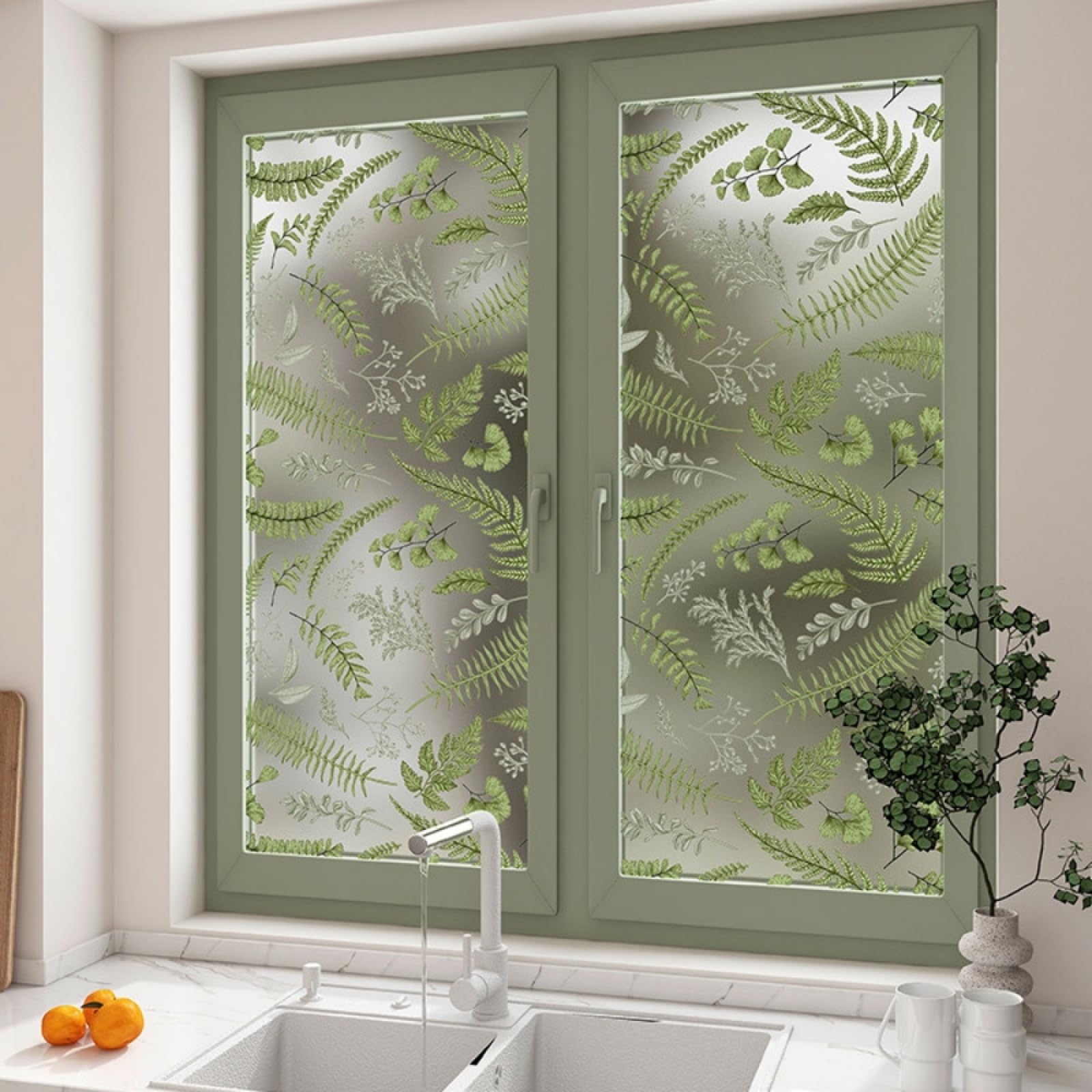 Window Film Privacy 50x100cm Green Leaves Blackout Window Film Patterned No Glue Static, Self Adhesive,for Bathroom Kitchen Rental Apartment, Window Cover Anti-Uv