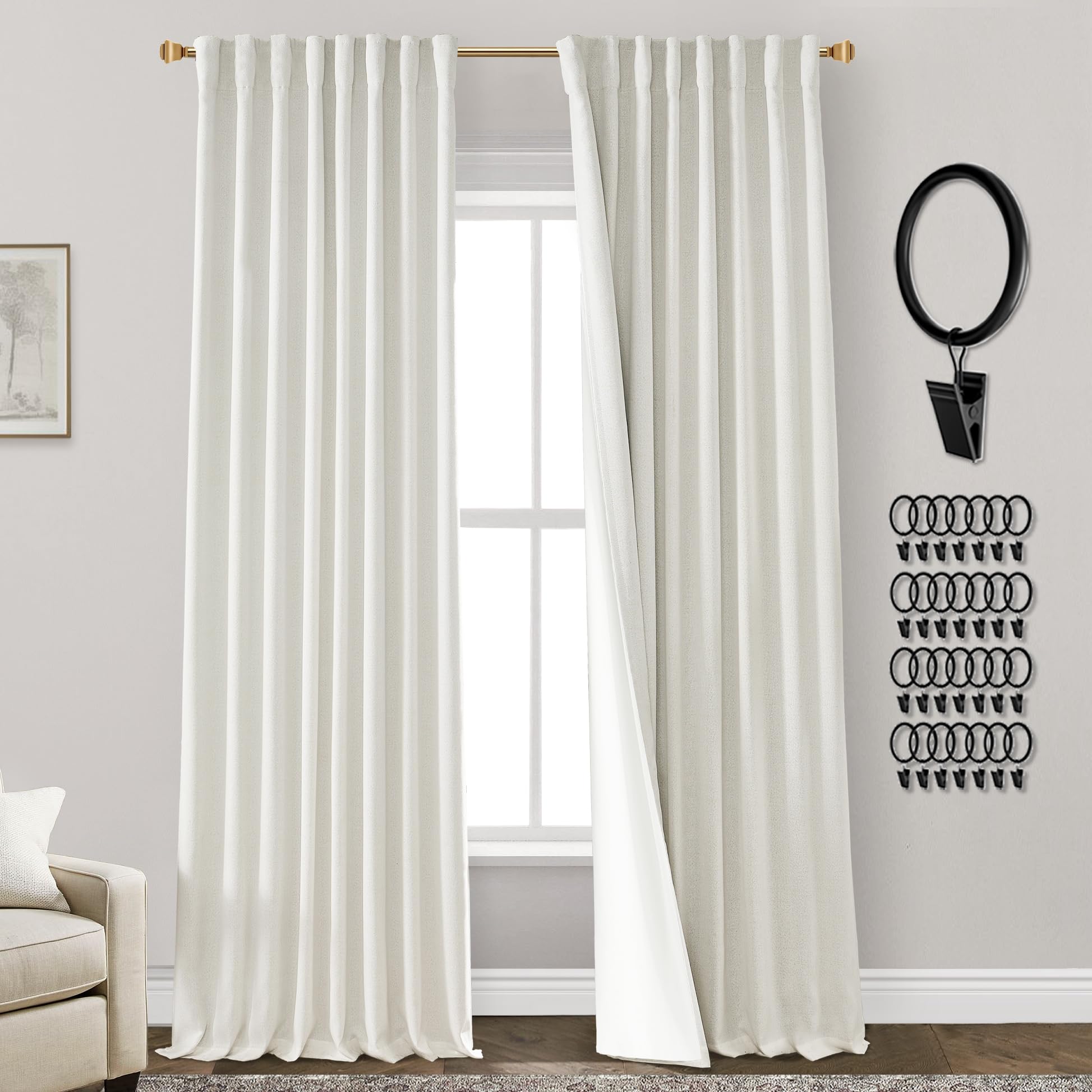 PANELSBURG 94 Inch Curtains 2 Panel Set,Blackout Linen Back Tab Pleated Curtains for Bedroom Living Room,52x94 Inches Long,Cream Ivory Off White