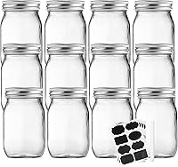 Accguan 16oz Mason Jars 12 Pack with Lids, Bands & 16 Labels - Airtight Glass Jars for Jam, Honey, Wedding Favors & DIY Spice Jars