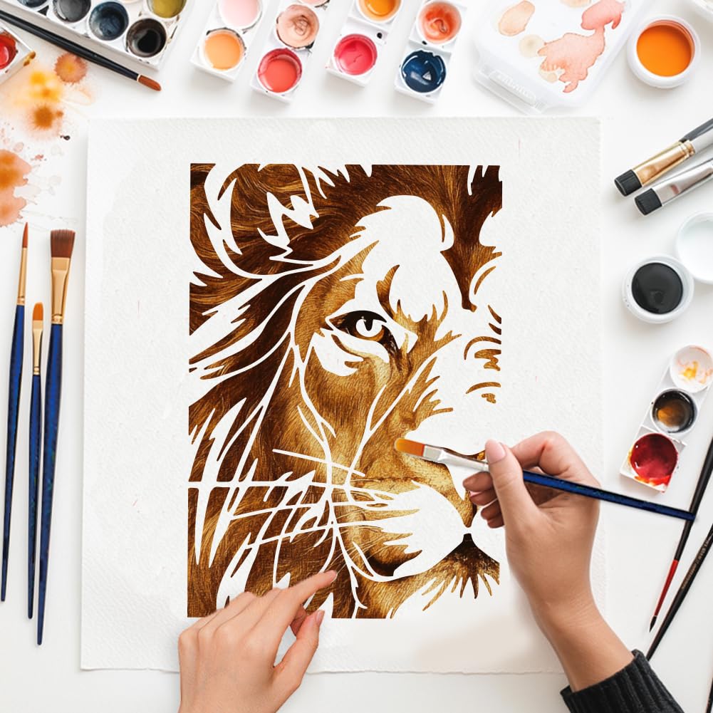 MAYJOYDIY 18 plantillas de animales salvajes con temática de tigre, león y lobo, plantilla de dibujo reutilizable de pollo cerdo leopardo con pincel para muebles de pared, papel, lienzo, decoración de