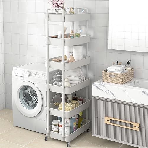 Miniatura 6 de Sywhitta Carrito utilitario de plástico de 3 niveles con asa, carrito de almacenamiento multifuncional para oficina, sala de estar, cocina,