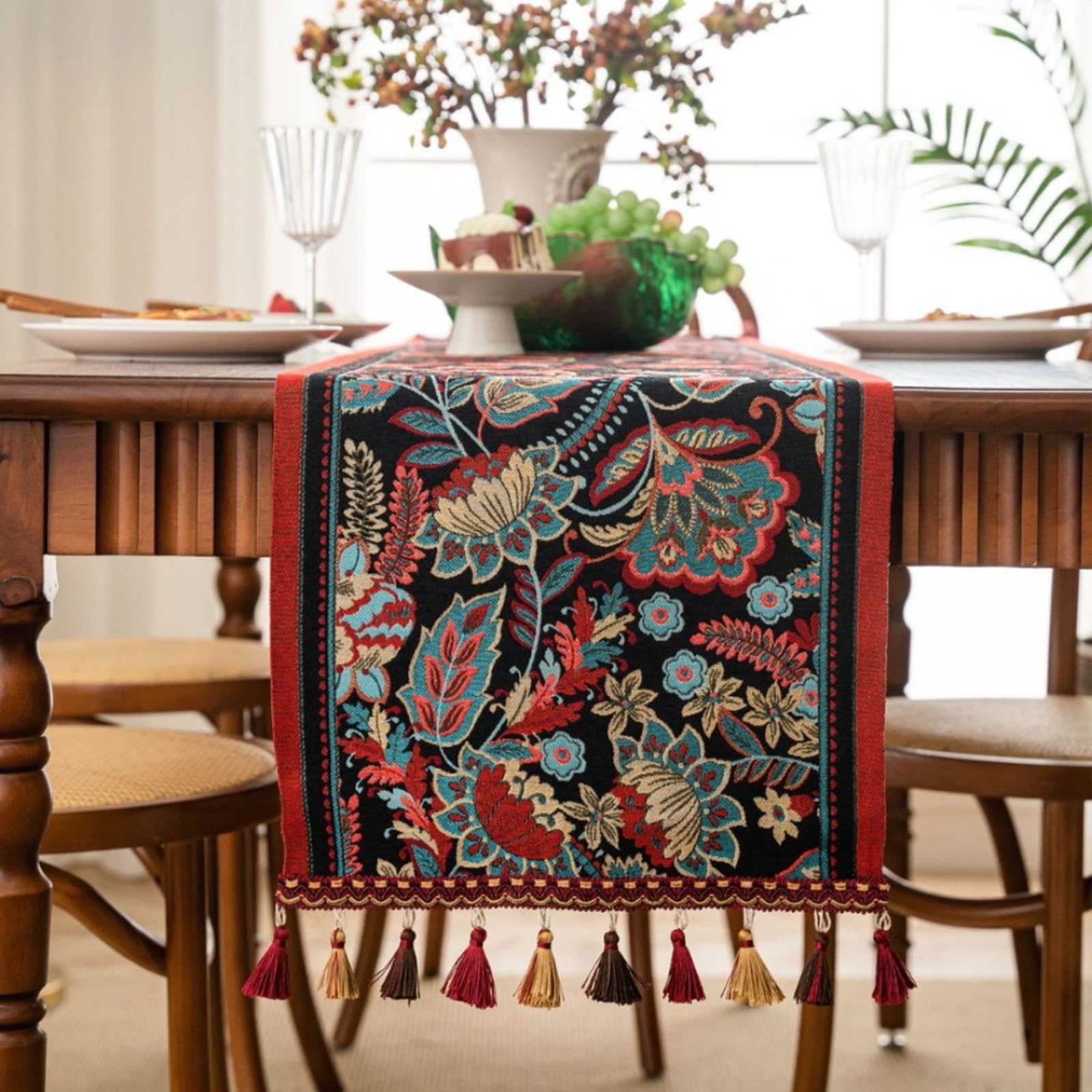 Tischläufer Landhausstil Polyester, Tischläufer Modern 35x180 cm, Blumenjacquard mit Quasten