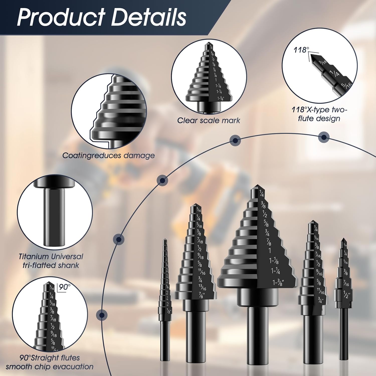 FACIACC 6 PCS Step Drill Bit Set for Metal with Automatic Center Punch,Titanium Coated, High-Speed Steel, Double Cutting Blades, Total 50 Sizes with Aluminum Case for Aluminum, Wood, Plastic