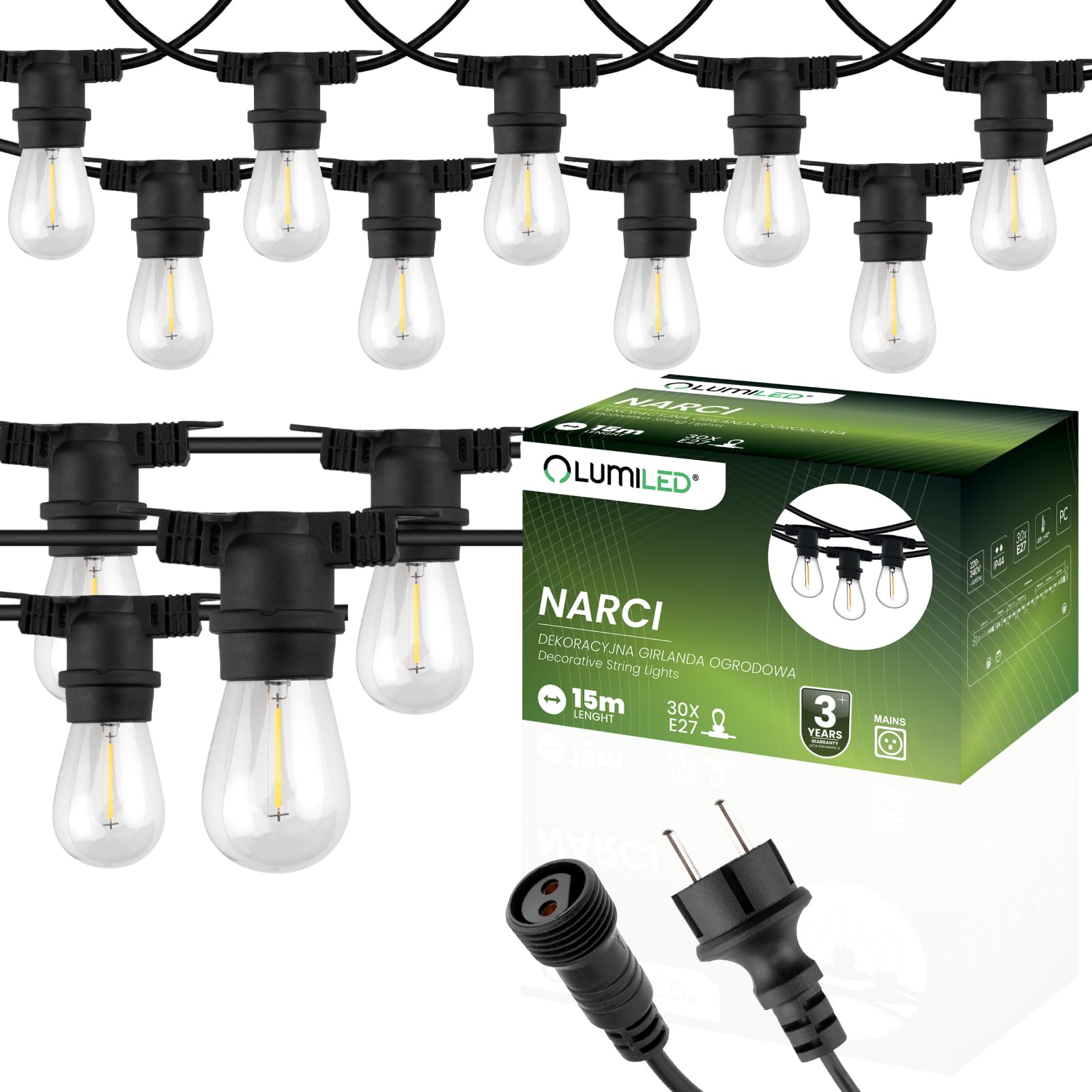 Lumiled Lichterkette Außen 15 Meter mit 30 E27 LED 1W Glühbirne Warmweiß 2700K 230V Birnen für Garten Biergarten Party Hochzeit Dekoration Terrasse verlängerbar mit Strom