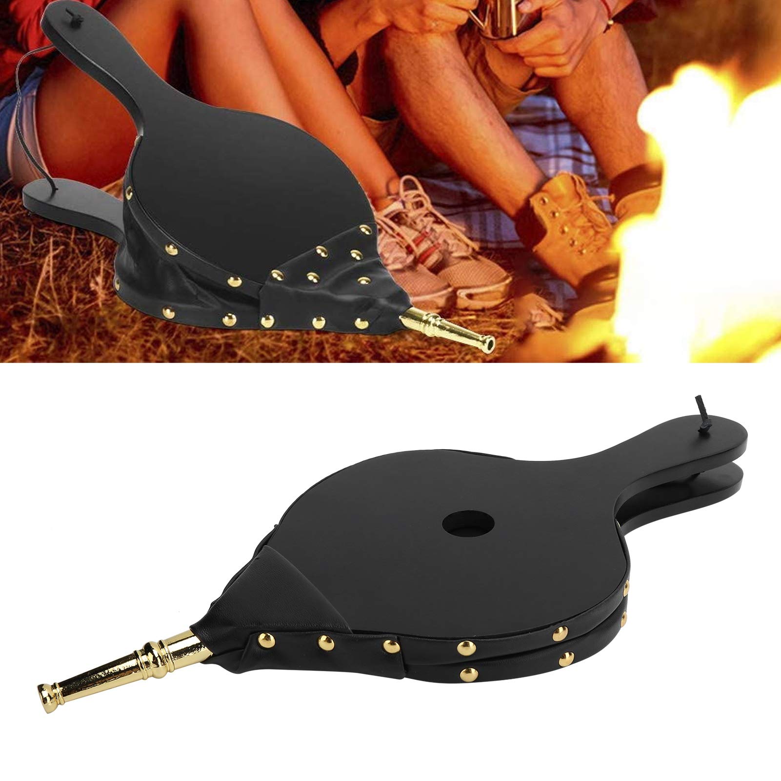 Alvinlite Blasebalg für Kamin und Grill, Blasebalg aus Holz mit Hängendem Gurt für Schornstein Holzkohle Camping Kochen(Gold)