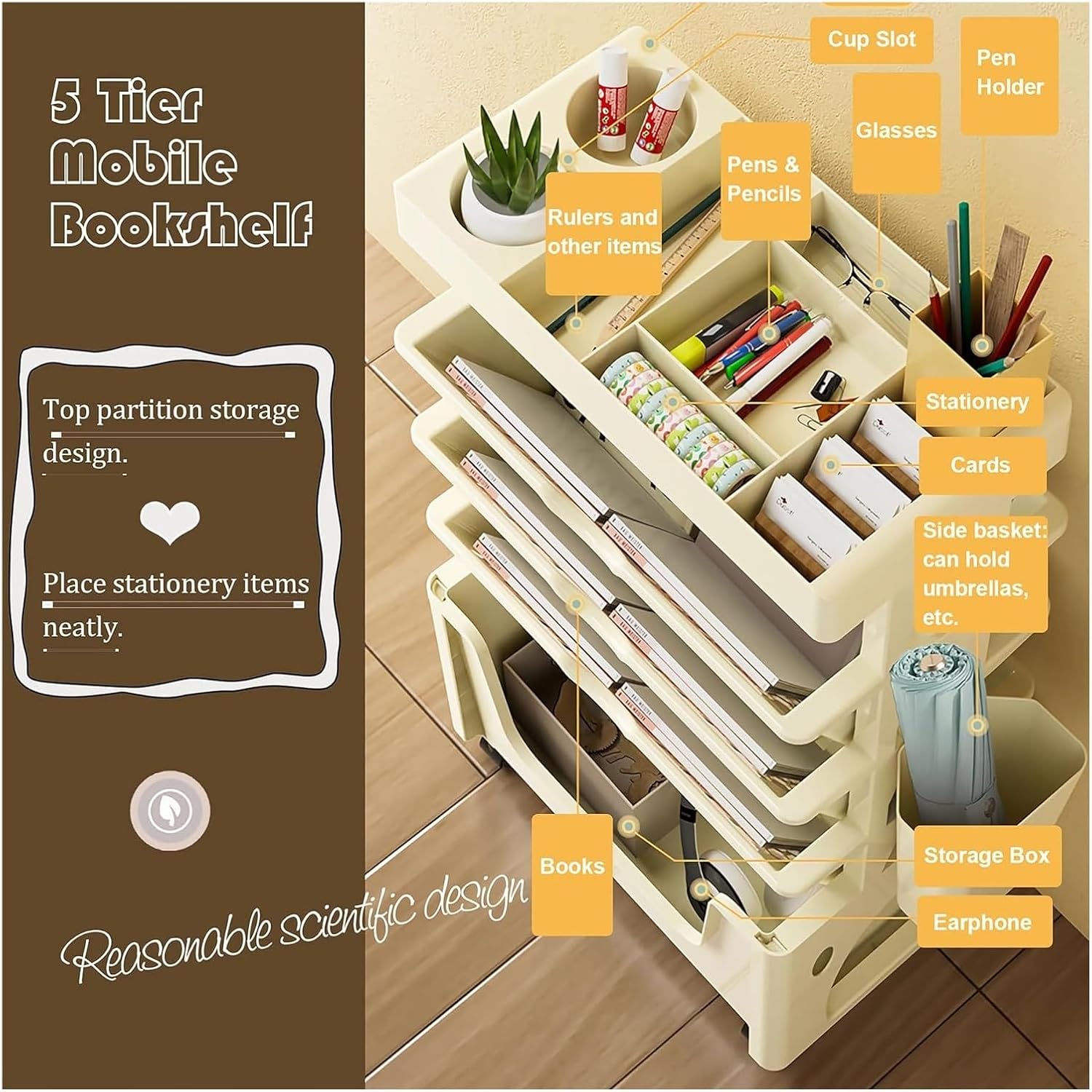 book cartMobile Bookshelf,Mobile Bookshelf with Wheels, Rolling Bookcase Cart Mobile Bookshelf with Wheels for Office Dorm Classroom,Pink (Color : Yellow)
