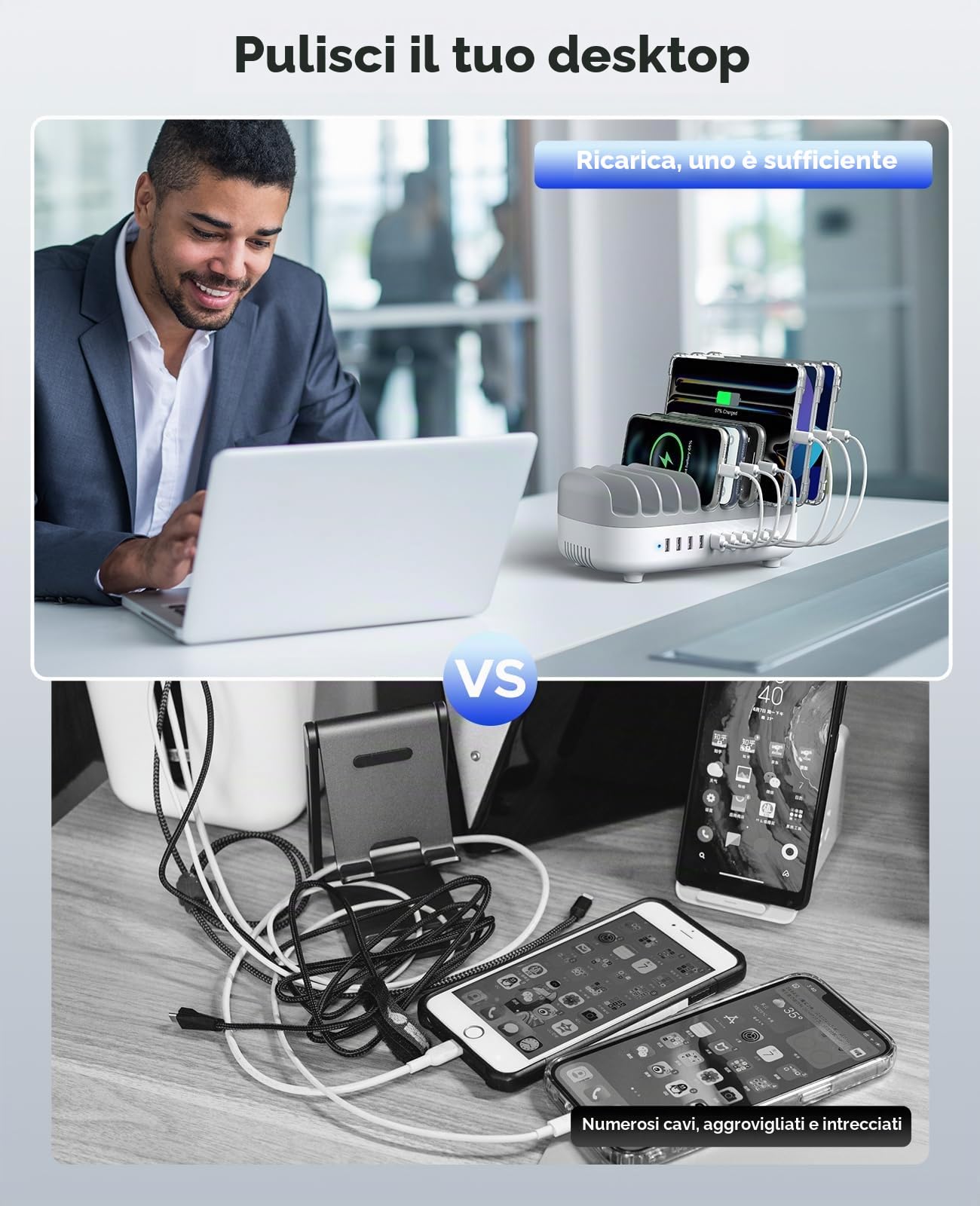 ORICO 120W Stazione di Ricarica Multi-Dispositivo, Versione Aggiornata 10 Porte USB con Ventola di Raffreddamento | Compatibile con iPhone, iPad, Smartphone Android e Tablet, Bianco
