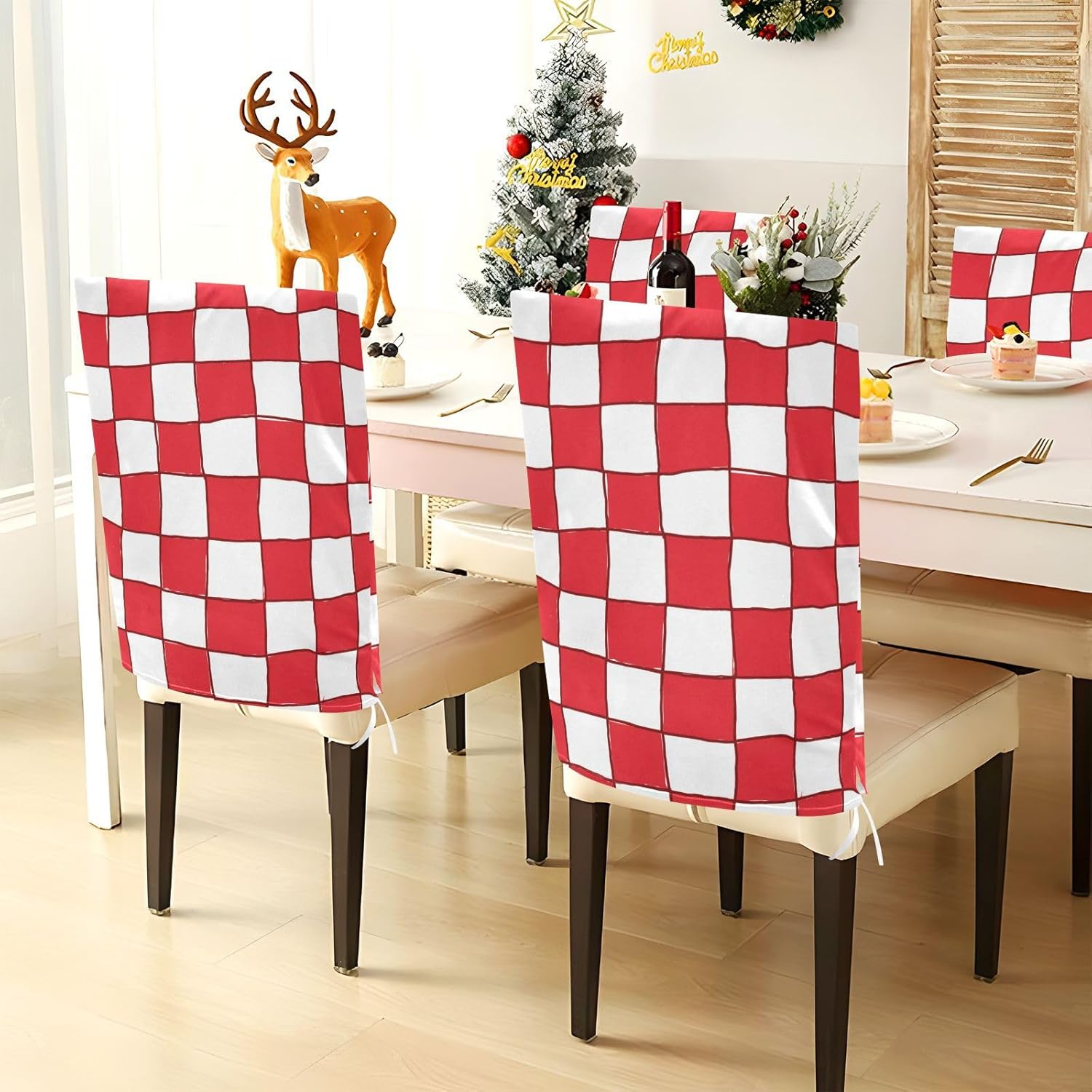 ALAZA Cute White Red Plaid Chair Back Cover Set of 6, Washable Reusable Removable Chair Slipcovers Decorative Chair Cover for Home Kitchen Wedding Party