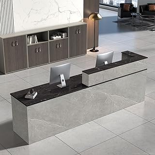 L Shape Reception Desk with Counter, Modern Front Desk Reception Counter with Keyboard Tray, Lockable Drawer and Storage Shelves for Office, Retail, Salon (Gray+Black/Left, 79" L*24" W*39" H)