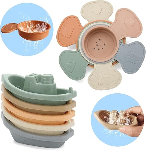 Juguetes de baño para niños pequeños, paquete de 11 botes flotantes con cuchara de baño, juguete de bañera sin moho para bebés, niños y niñas a