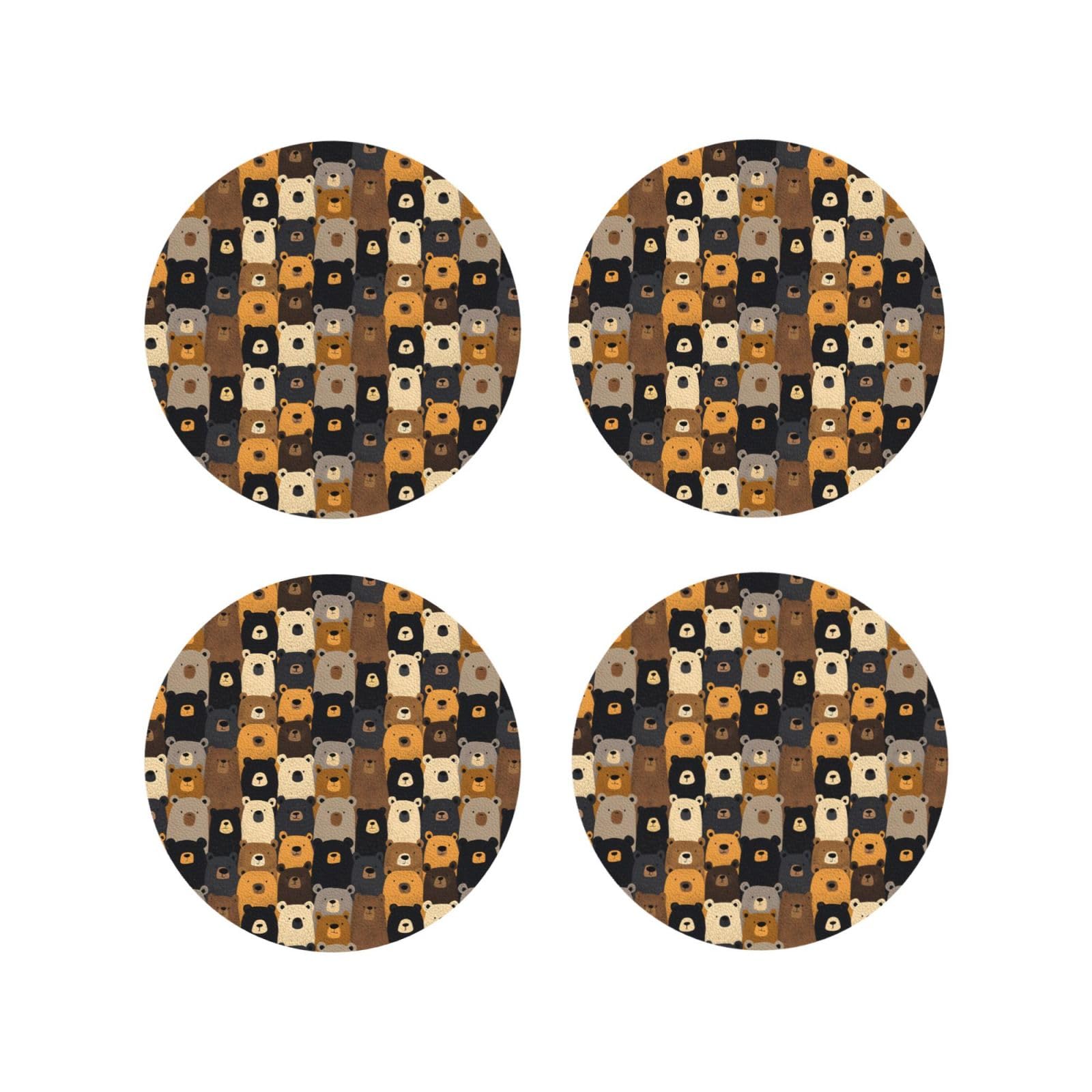 Leather Coasters Set of 4 - Cute Cartoon Bear Print Lightweight Drink Coasters for Desk