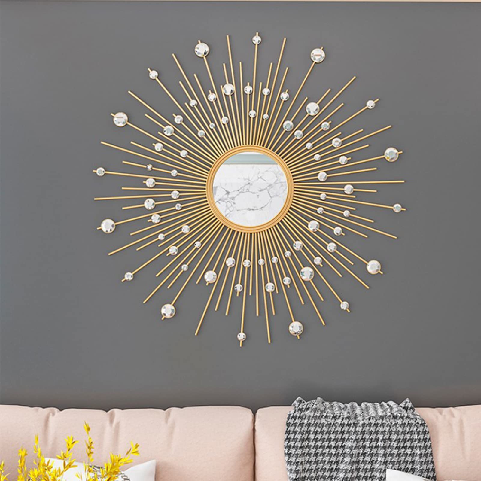 Großer Runder Wandspiegel für Wanddekor Wohnzimmer,Goldener Dekorative Spiegel Sunburst Wandspiegel,dekorativer Hängespiegel mit Metallrahmen,für Badezimmer Schlafzimmer Flur,60cm(24inch)