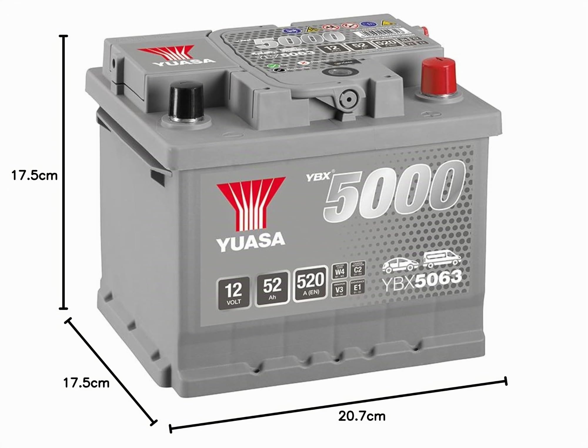 YUASA Batteria 52, Ah 520, A/EN YBX5063 L 207mm B 175mm H 175mm Compatibilità con VW Transporter IV Bus 70B, 70C, 7DB, 7DK, 70J, 70K, 7DC, 7DJ GOLF III 1H1 GOLF II 19E, 1G1 POLO 6N2 Polo Hatchback 6N1