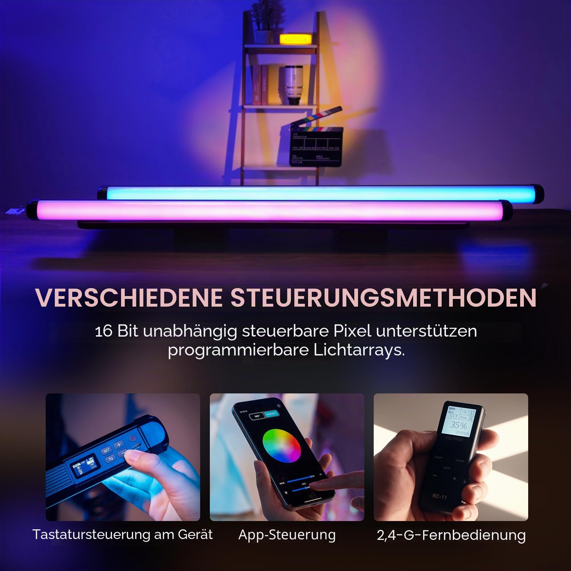 VILTROX K90 2er Pack RGB Leuchtstoffröhre, 30W 38" großer RGBWY-LED-Video-Stick-Lichtstab für Fotografie mit APP/2,4 G/Fernbedienung, CRI 97+, 26 Szenen, 2500K-8500K, 14,8V/3300mAh Akku, Magnetchip
