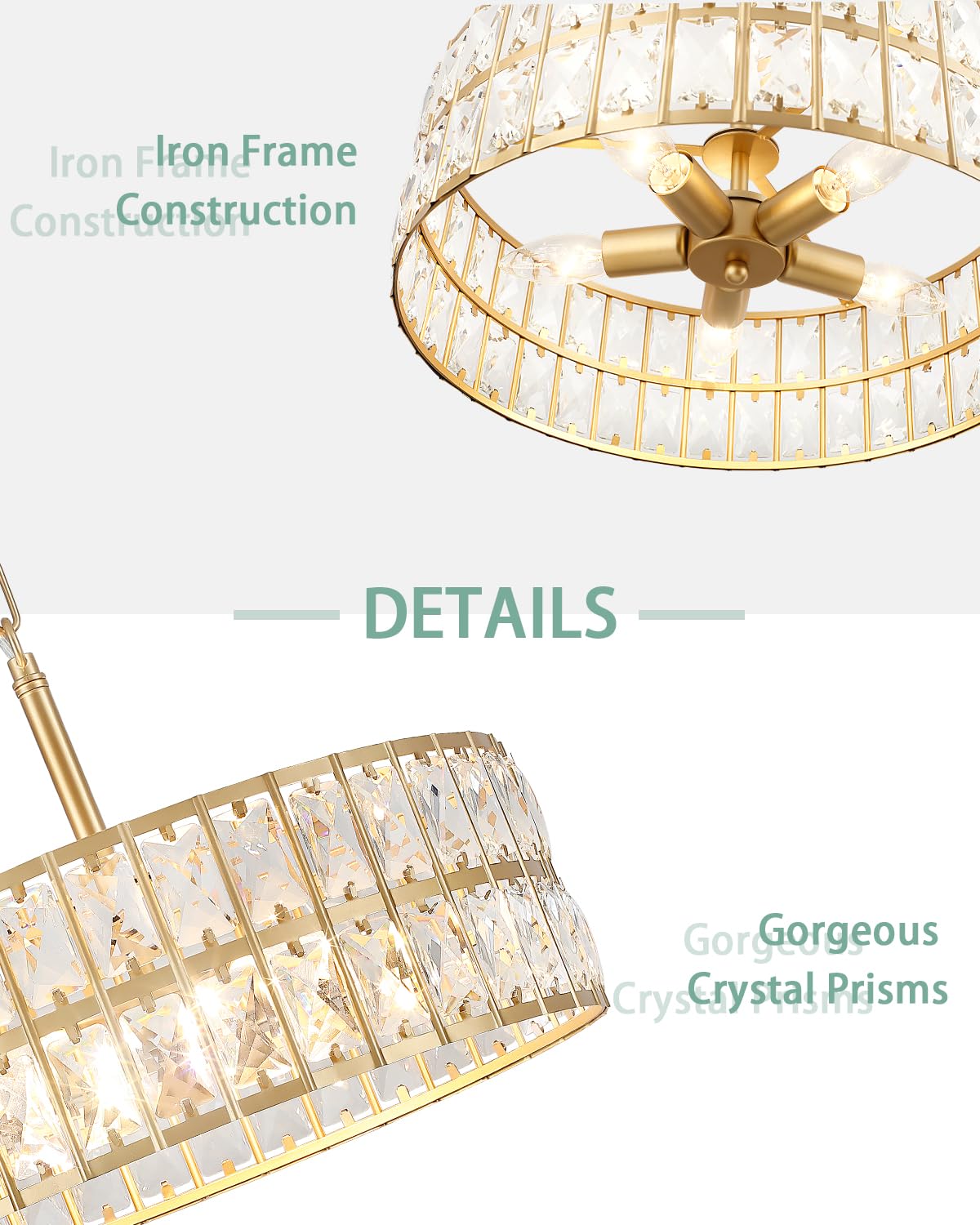 Candelabro de cristal dorado, candelabro redondo de cristal moderno de 16 pulgadas, lámpara de araña dorada de 5 luces, lámpara de techo semiempotrada para sala de estar, dormitorio, cocina, 2