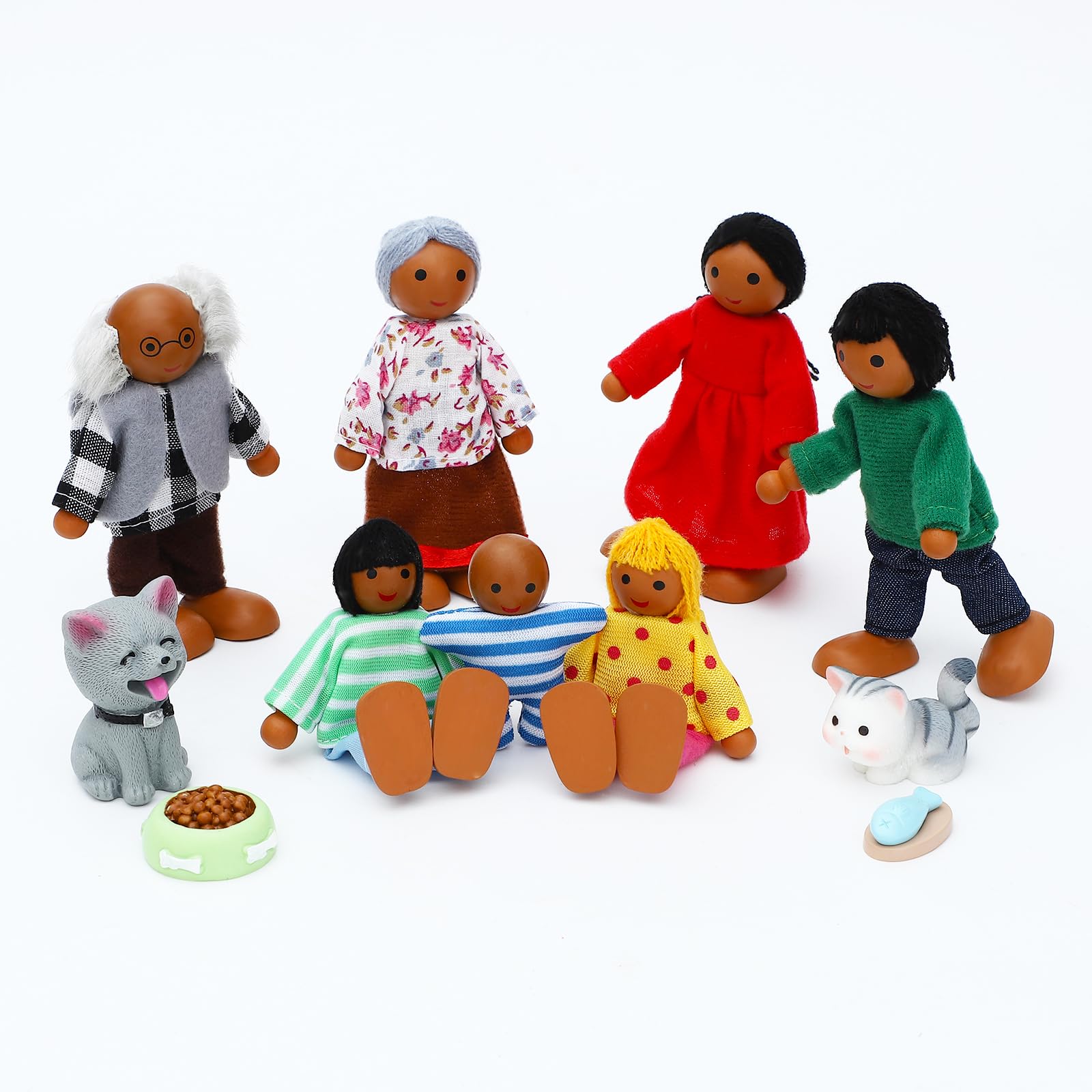 Getyjoe 13 Pièces Famille De Poupées En Bois – Grand-parents, Parents, Enfants, Chiens Et Chevaux | Maison De Poupées éducative