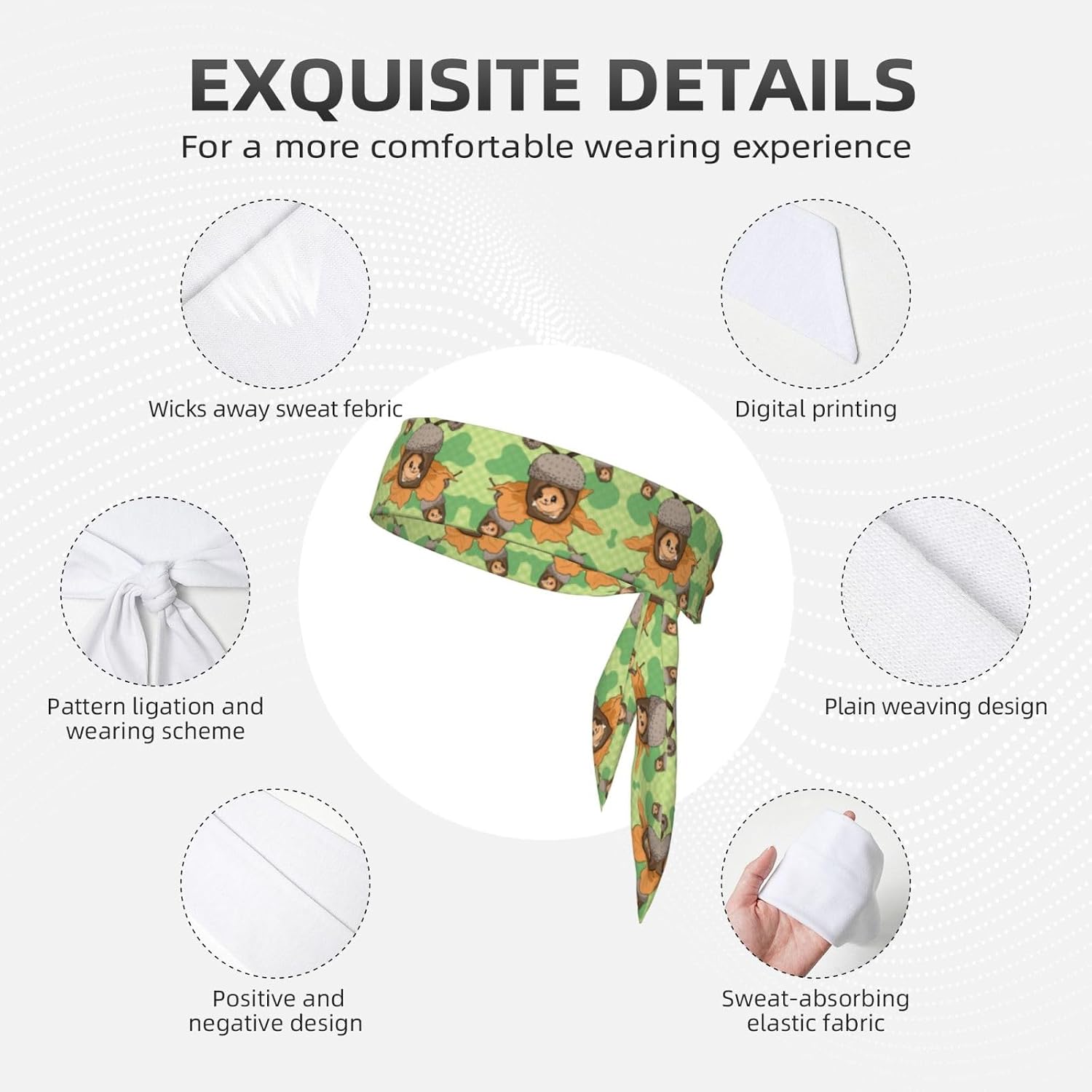 Cartoon Squirrel Printed Sports Headband, Double-Sided with Ties, Versatile for Jogging, Cycling, or Exercising.