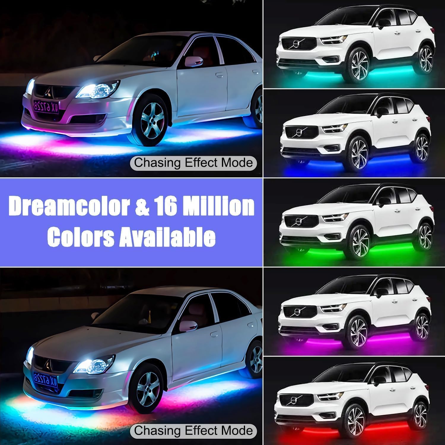Car Underglow LED Lights,4 Pcs Dream Color Chasing Strip Lights with Wireless APP & Remote Control,Exterior Car Neon Accent Lights Kit with 16 Million Colors Sync to Music,DC12 for Cars, Trucks, Boats