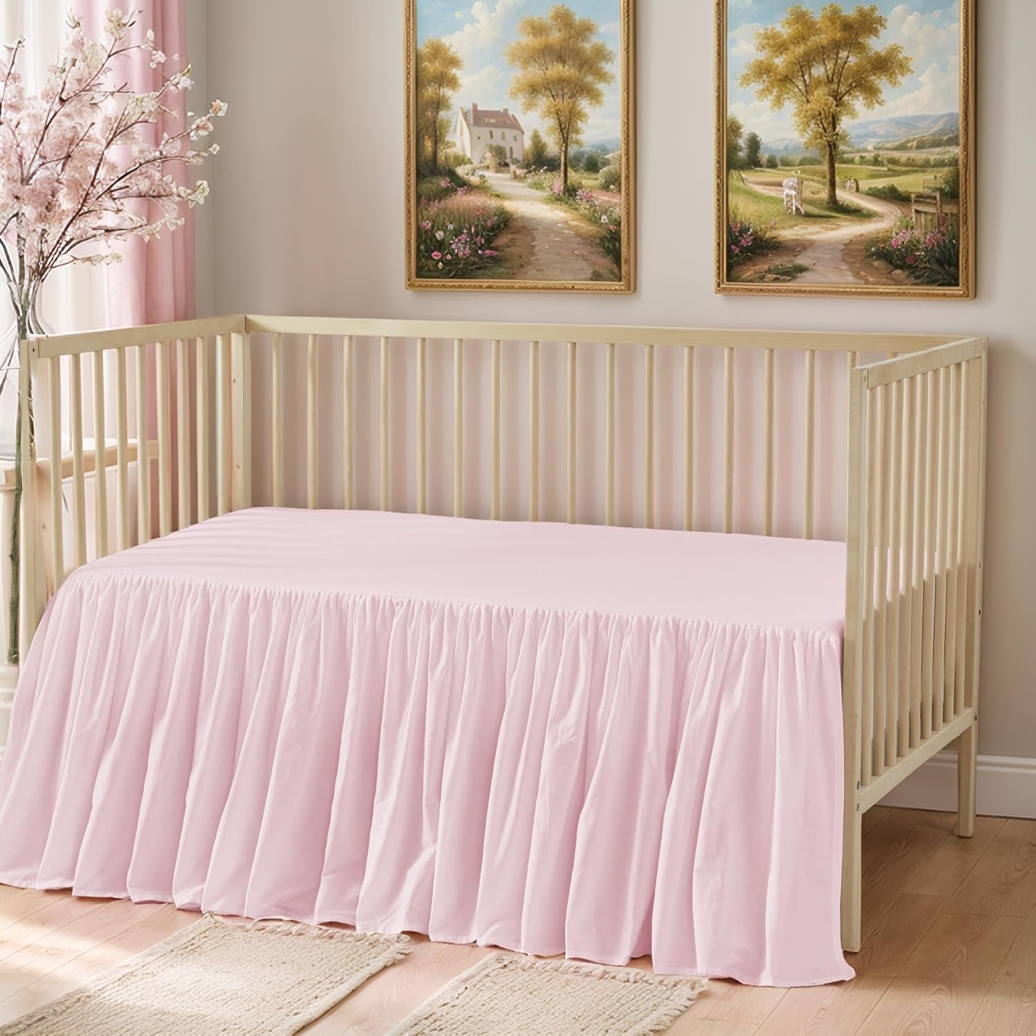 Brandream Attached Crib Skirt Sheet Girls Boys Ruffled Bed Skirt (One Side) 2-in-1, 100% Cotton, Toddler Bedskirt Nursery Standard Crib Bedding Sheet Skirts Solid Pink Dust Ruffle