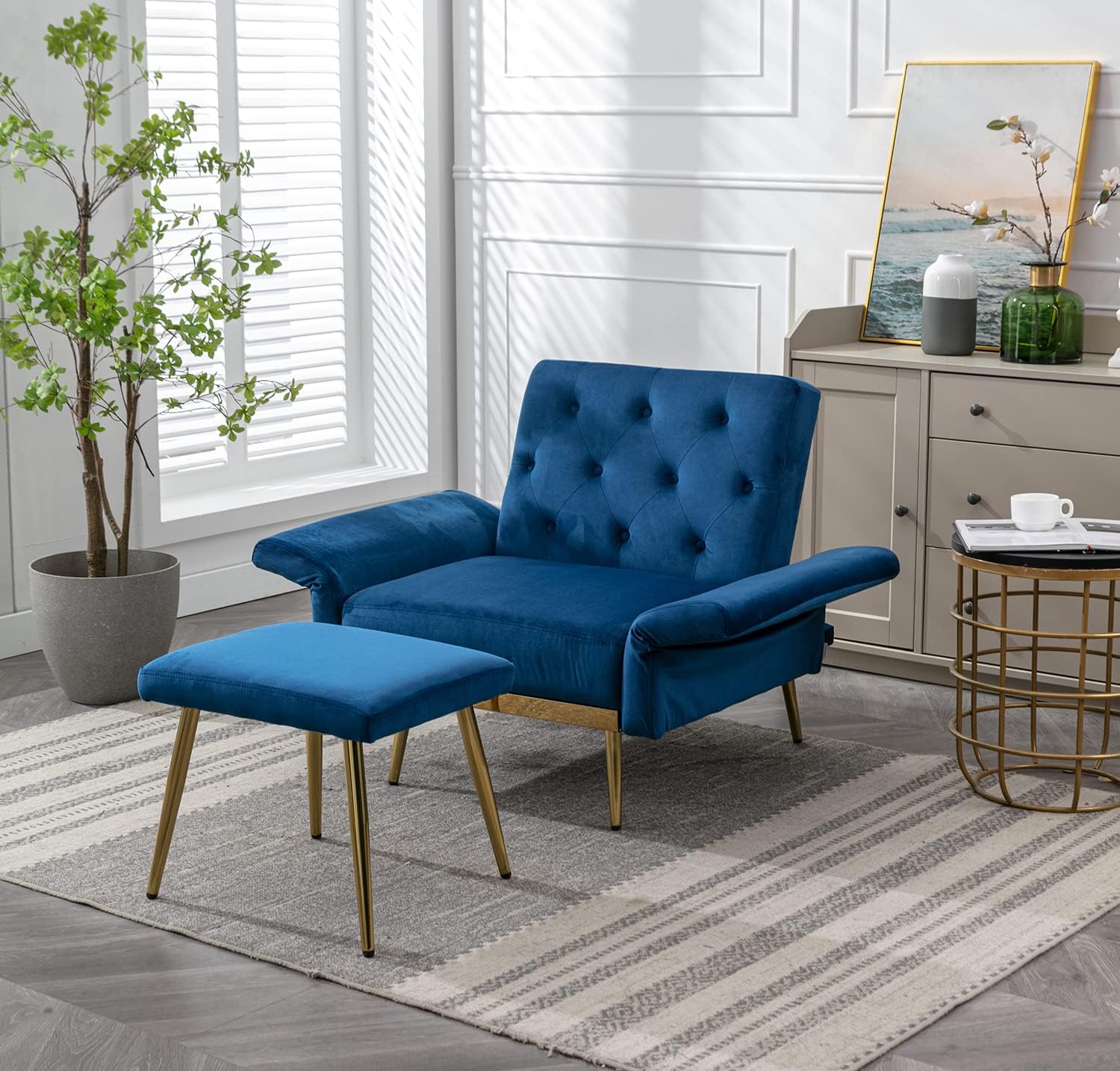 Velvet 2 in 1 Accent Chair with Ottoman,Modern Tufted Single Sofa Armchair with Adjustable Backrest,Armrests,Convertible Sleeper Recliner Lounge Chair for Living Room Bedroom Office (Navy)