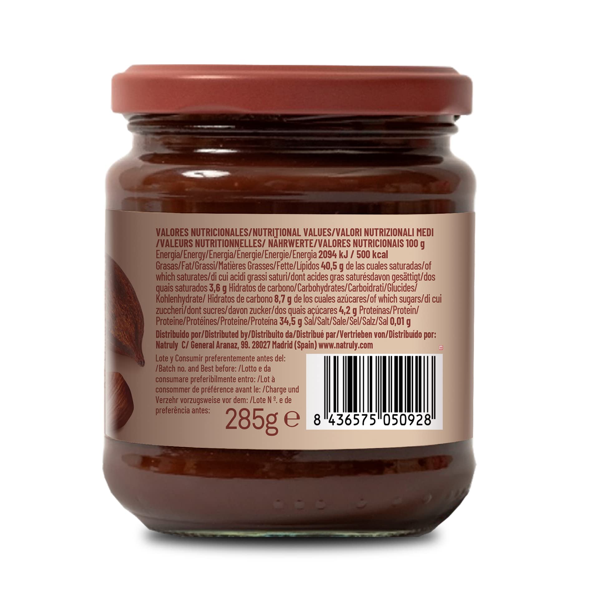 NATRULY Crema de Avellanas y Cacao Sin Azúcar y Sin Edulcorantes, con Fibra de Achicoria, 43% Avellana