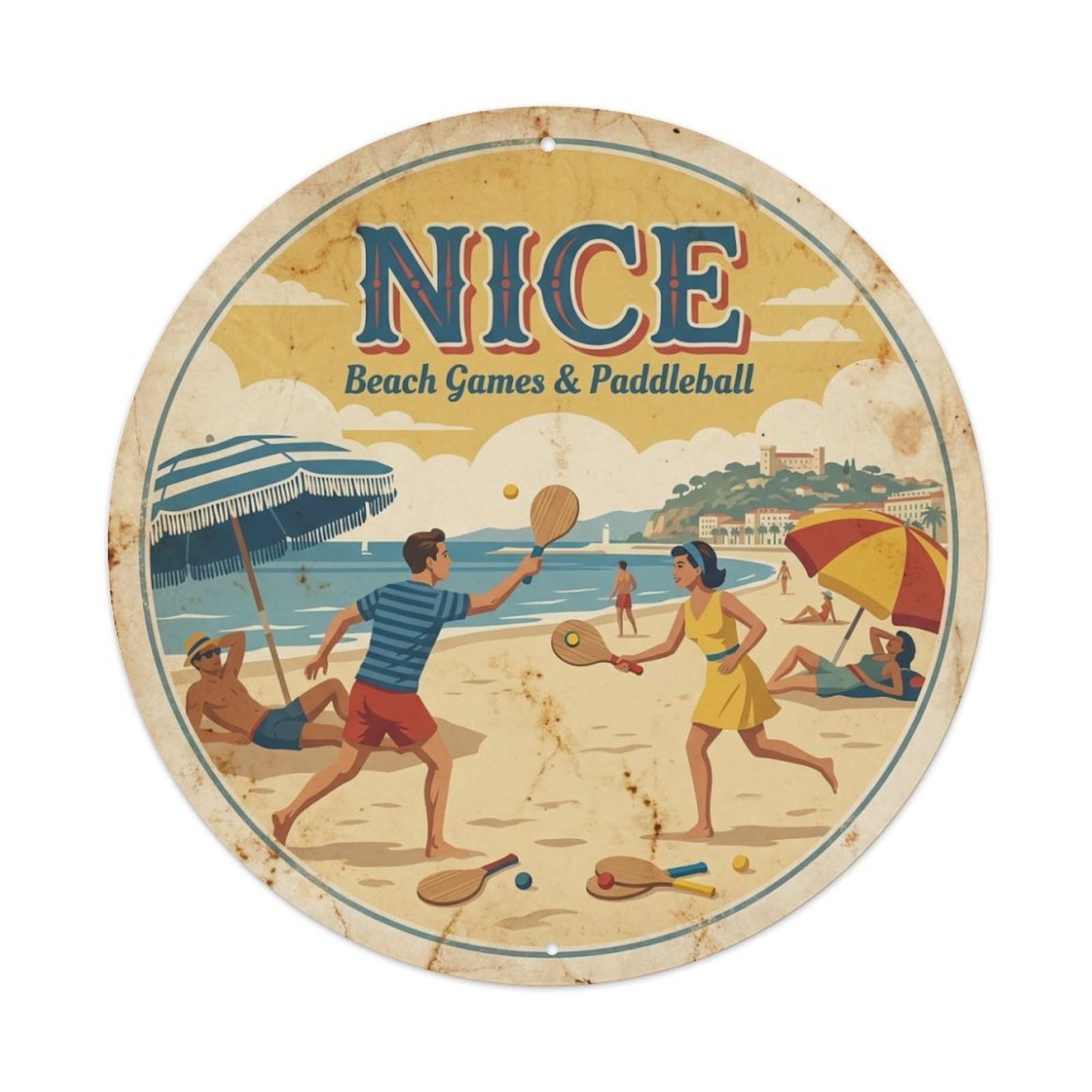 Olhnbad Style Coastal Route Beach Games Paddleball Nice Travel Metal Tin Sign