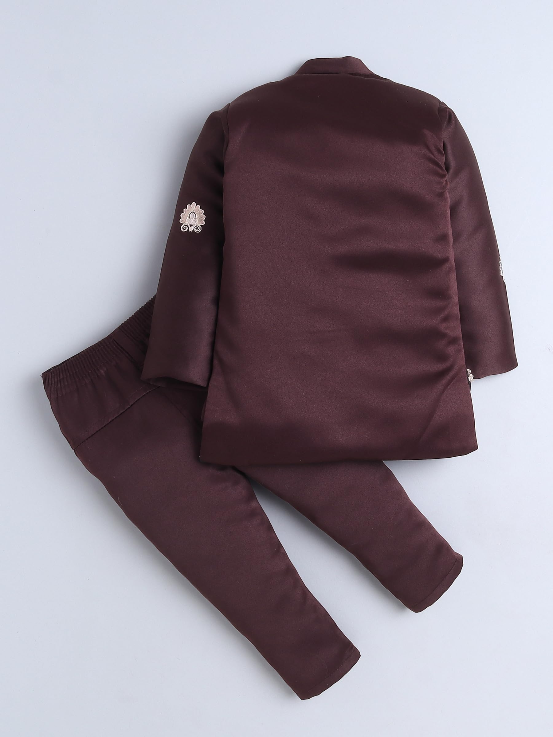 FOURFOLDS Boys Embroidered Sherwani & Trouser Set With Shrug- Wine 1
