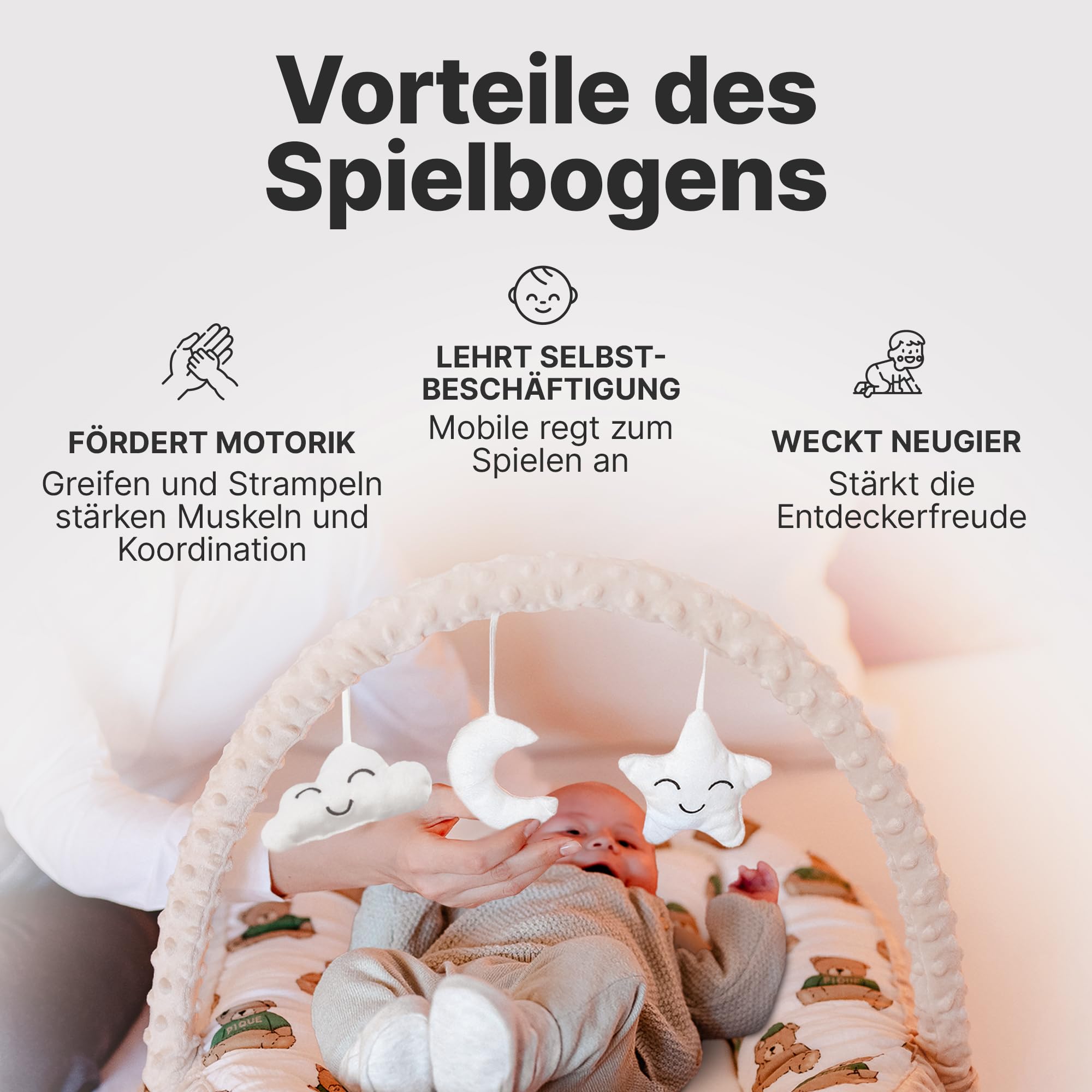 Babynest [inkl. Spielbogen] Baby Nestchen aus OEKOTEX Stoffen, Babynestchen für Neugeborene, Kuschelnest für Mädchen und Jungen | Beige & Bären (Beige mit Bären)