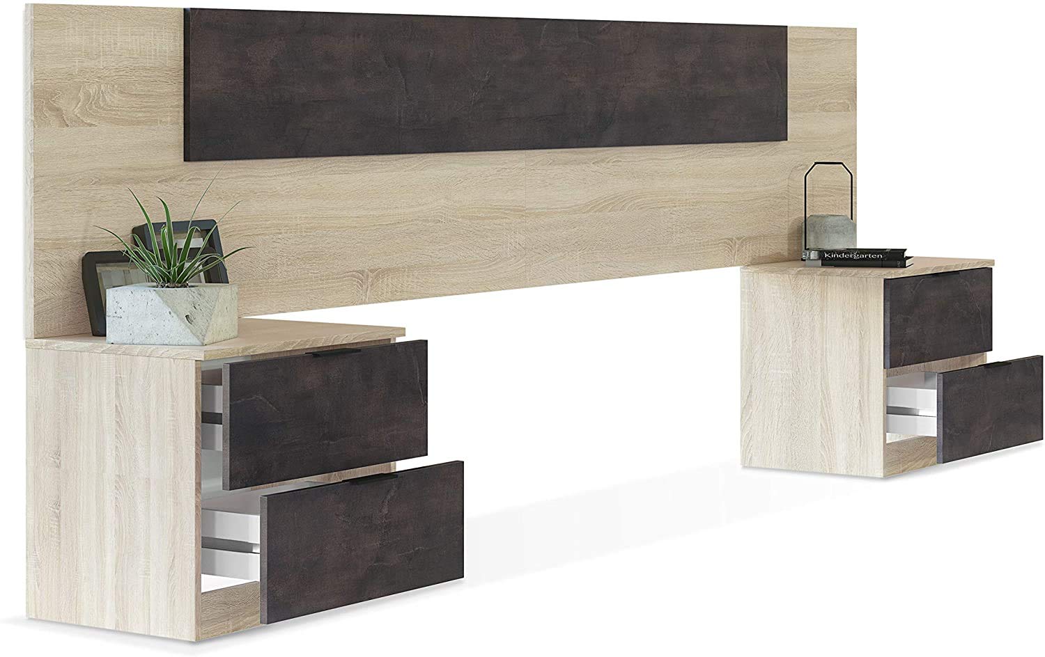 Cabezal y 2 Mesitas de Noche – Cabecero Matrimonio y 2 Mesitas de Noche – Color Roble Canadian y Óxido - Medidas: Ancho: 247 cm x Fondo: 38 cm x Alto: 95 cm - (1093)