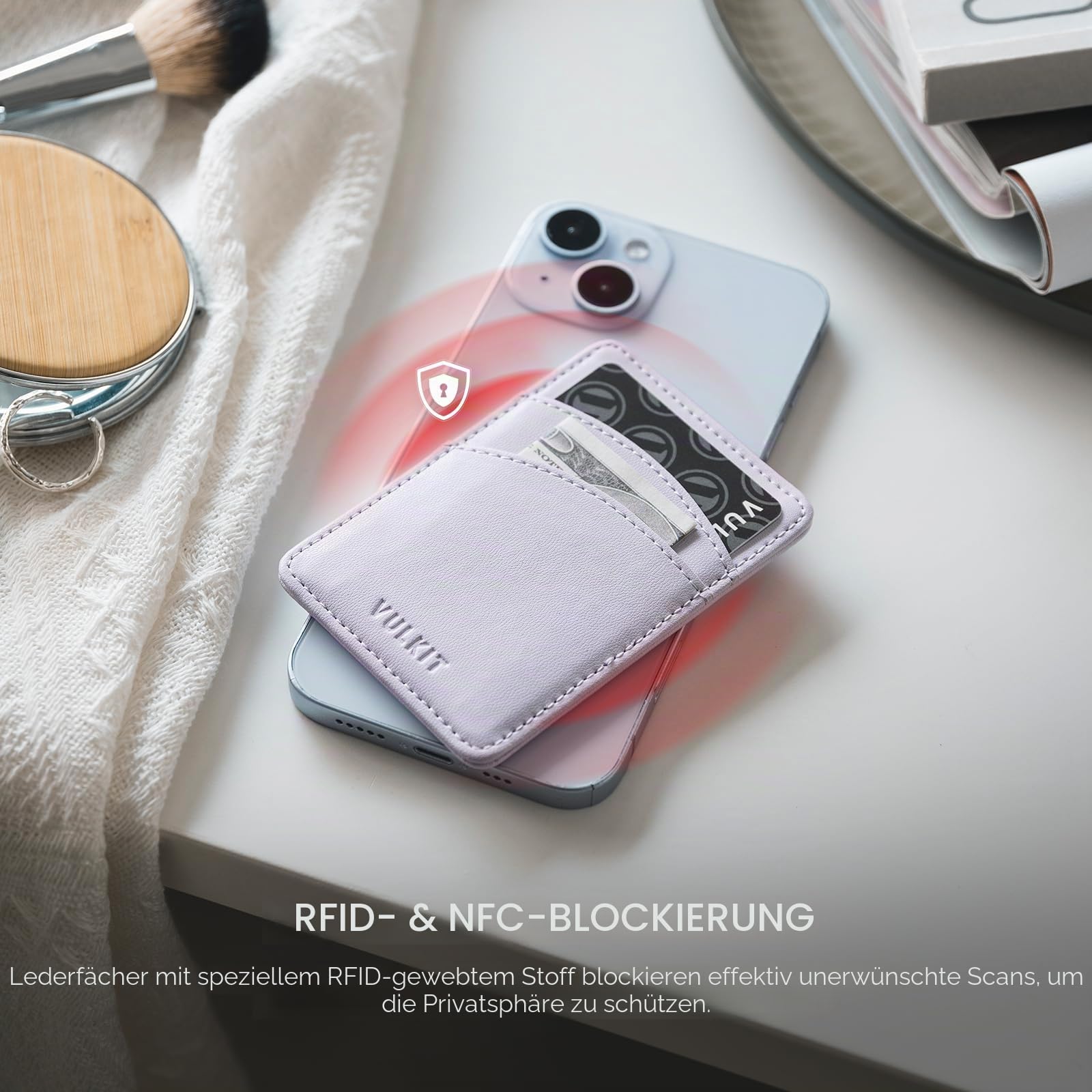 VULKIT Magnetischer Kartenhalter für Handy, dünn, aus Leder, für Damen, Kreditkartenetui mit RFID-Blockierung, Magsafe, Lila, Klassisch