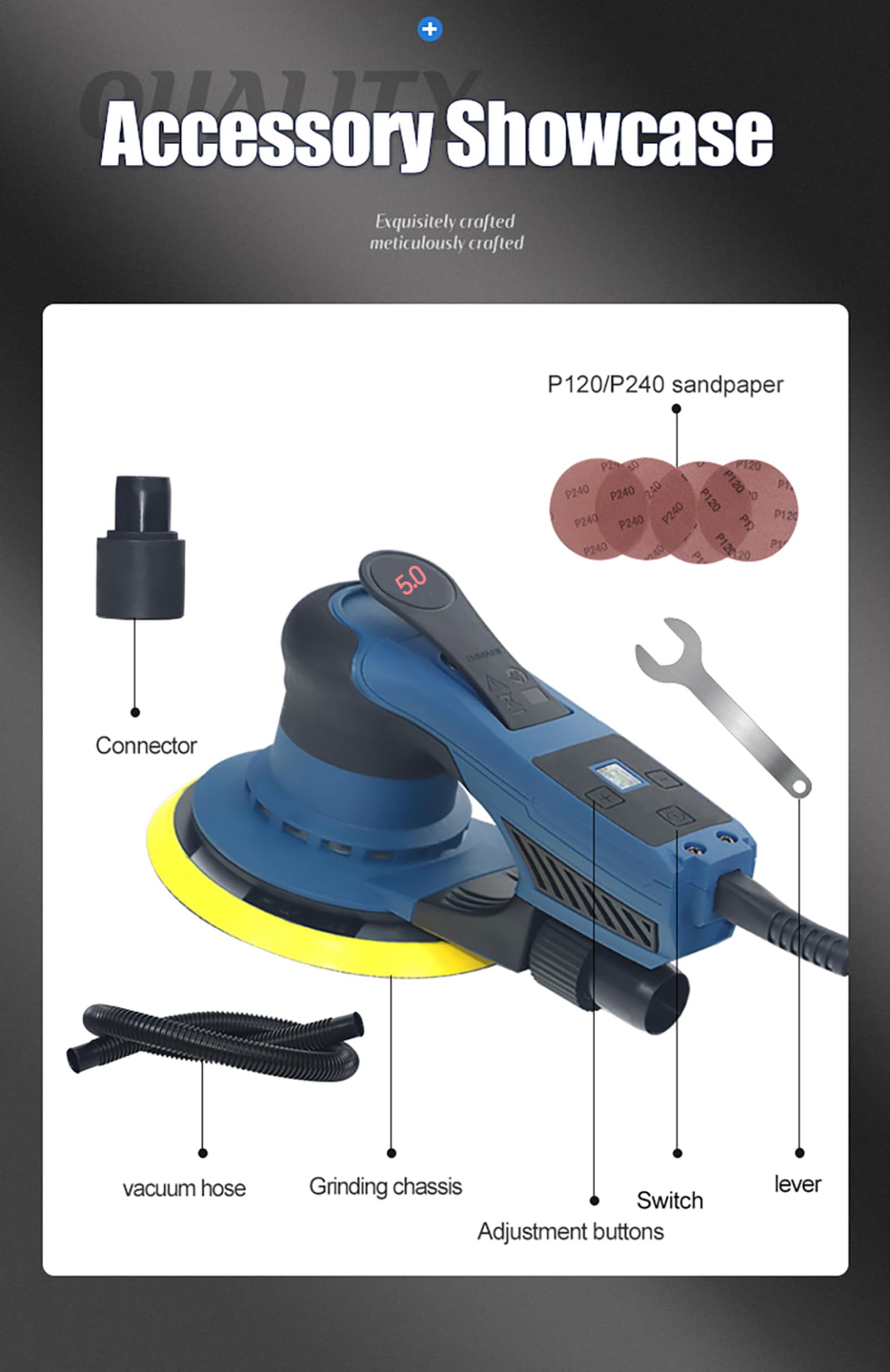 Ponceuse Excentrique Électrique 150mm (360W, Orbitale Ø5.0mm, 4000-10000tr/min, 7 Vitesses) - Faibles Vibrations avec Aspiration - Pour Bois, Métal et Carrosserie